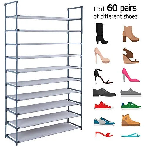10 Tiers Shoe Rack Stackable Narrow Expandable For 60 Pairs Shoes Non-Woven Fabric Shoe Storage Organizer Cabinet Tower Shelf Space Saving DIY Assembly No Tools Required Hold High Heeled Shoes Flats