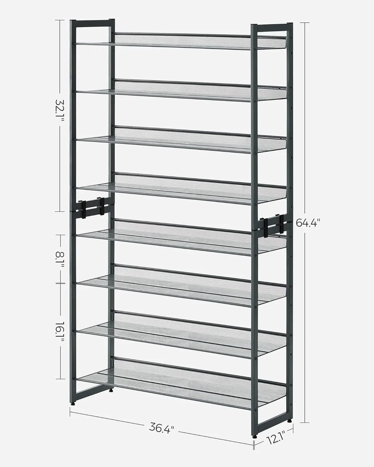 Adjustable 8-Tier Shoe Rack, 32 Pairs Capacity, Gray - SONGMICS