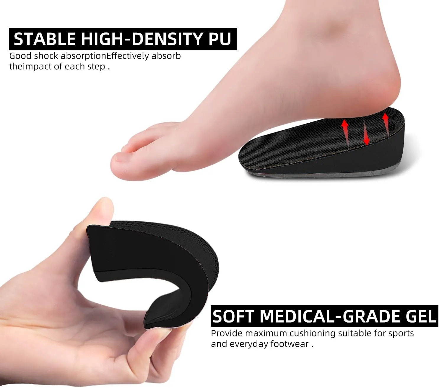 Ailaka Gel Height Increase Insoles 1 Pair, Invisible Shoe Lifts Inserts, Elastic Shock Absorption Heel Cushion Pads for Men Large (Pack of 1)