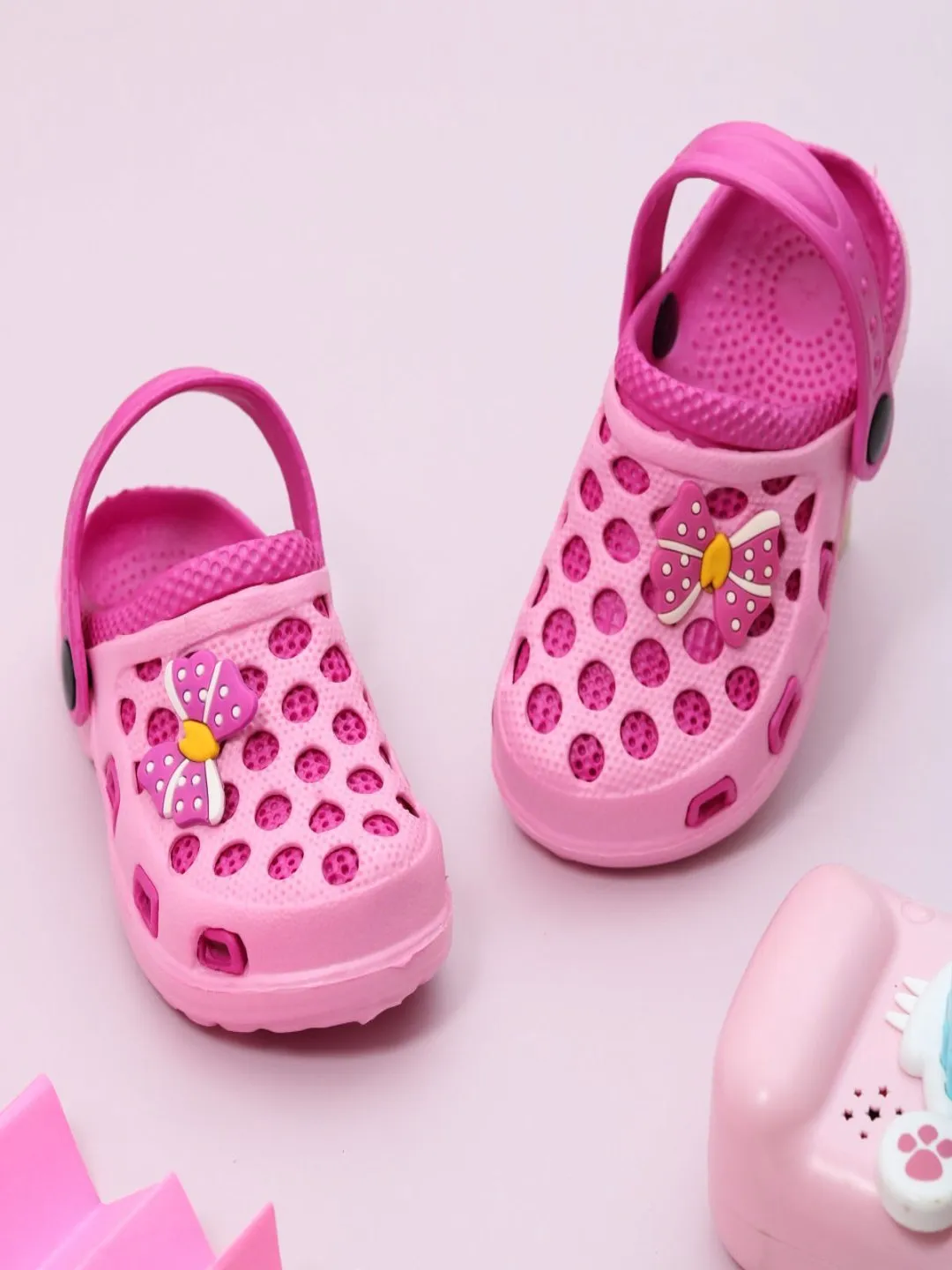 Bow and Polka Dot Design Clogs for Girls- Pink