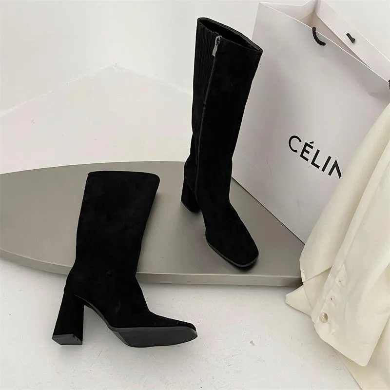 British Style Side Zipper Pointed Toe Chunky Boots