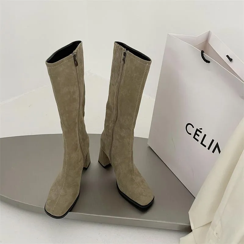 British Style Side Zipper Pointed Toe Chunky Boots