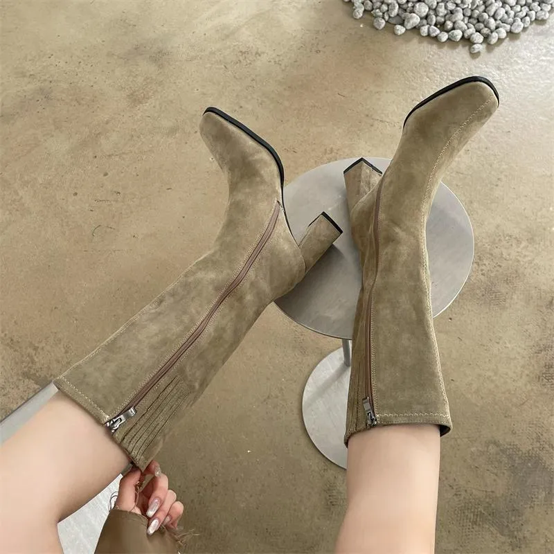 British Style Side Zipper Pointed Toe Chunky Boots