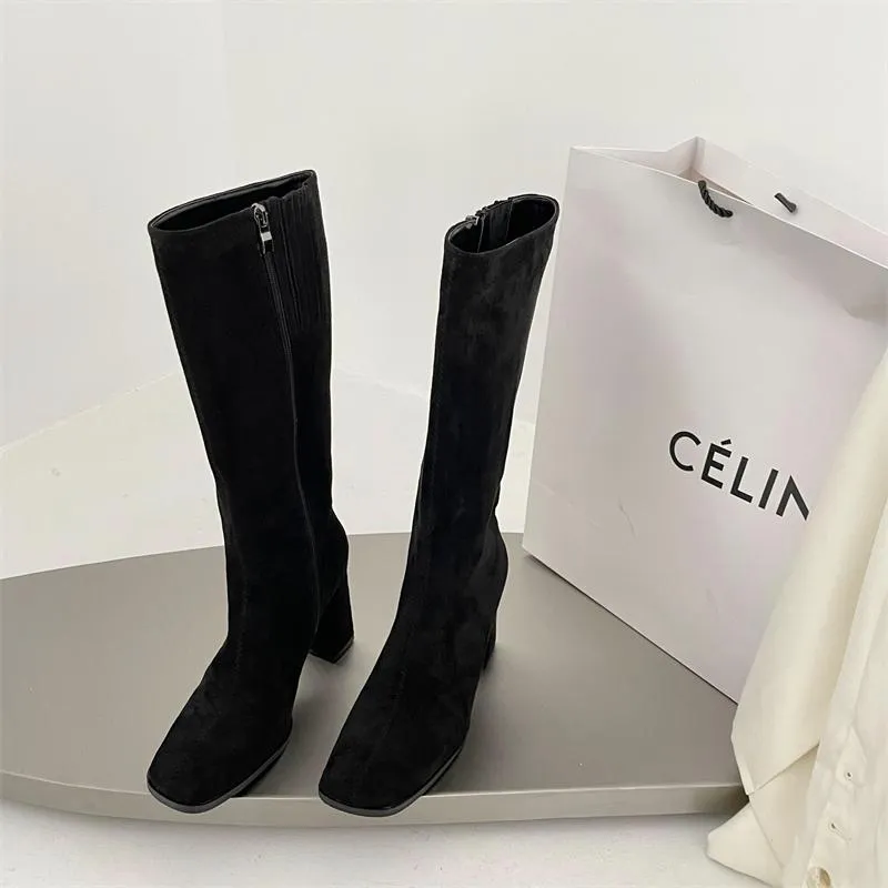 British Style Side Zipper Pointed Toe Chunky Boots