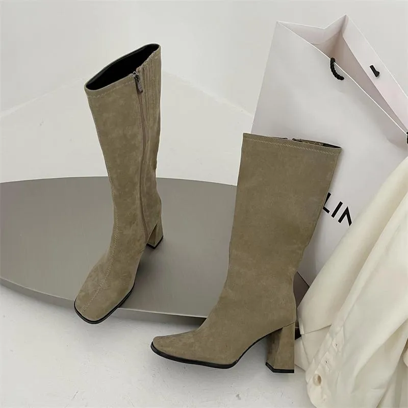 British Style Side Zipper Pointed Toe Chunky Boots