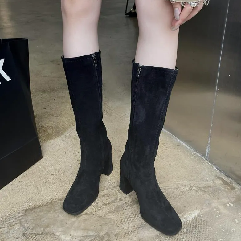 British Style Side Zipper Pointed Toe Chunky Boots