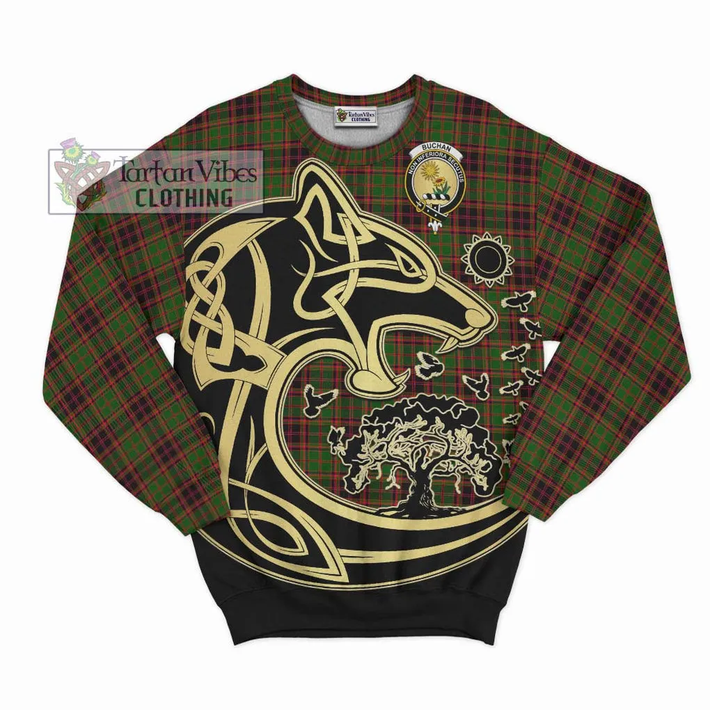 Buchan Tartan Sweatshirt with Family Crest Celtic Wolf Style