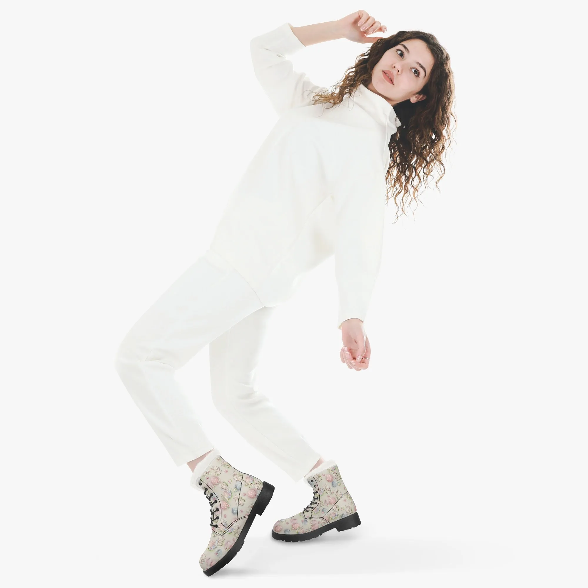 Faux Fur Leather Boots Cute Easter Print