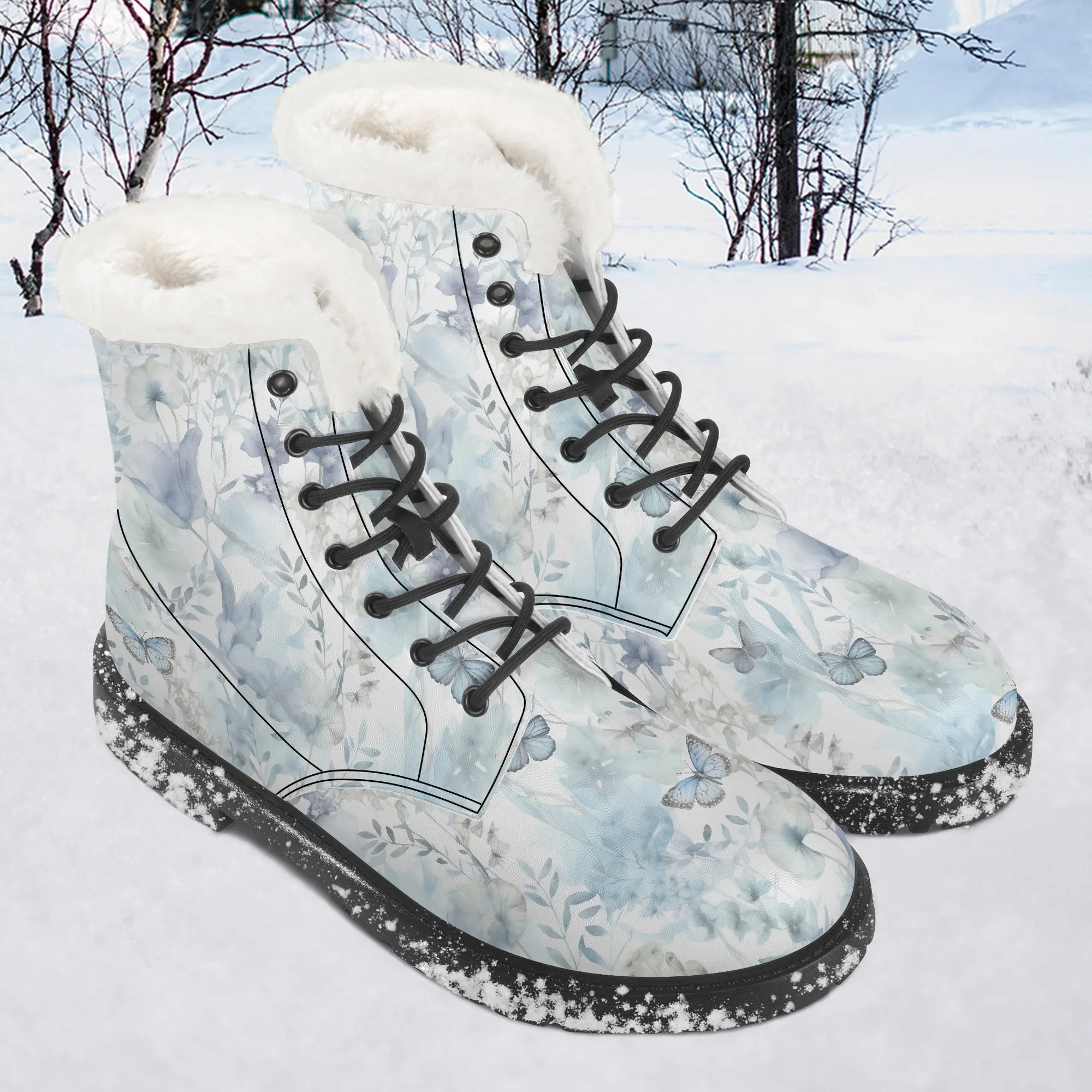Faux Fur Leather Boots Wildflowers and Butterflies Blue