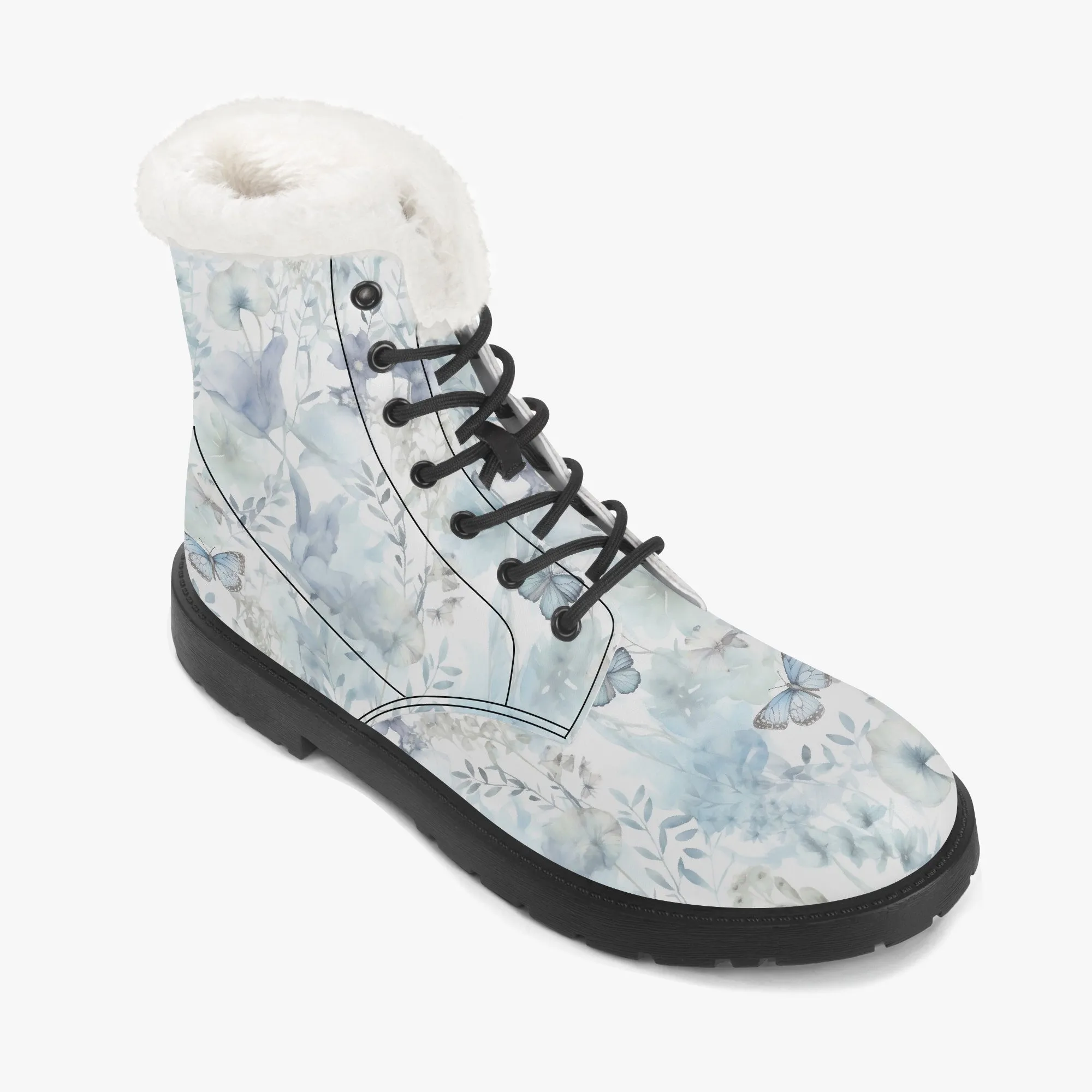 Faux Fur Leather Boots Wildflowers and Butterflies Blue