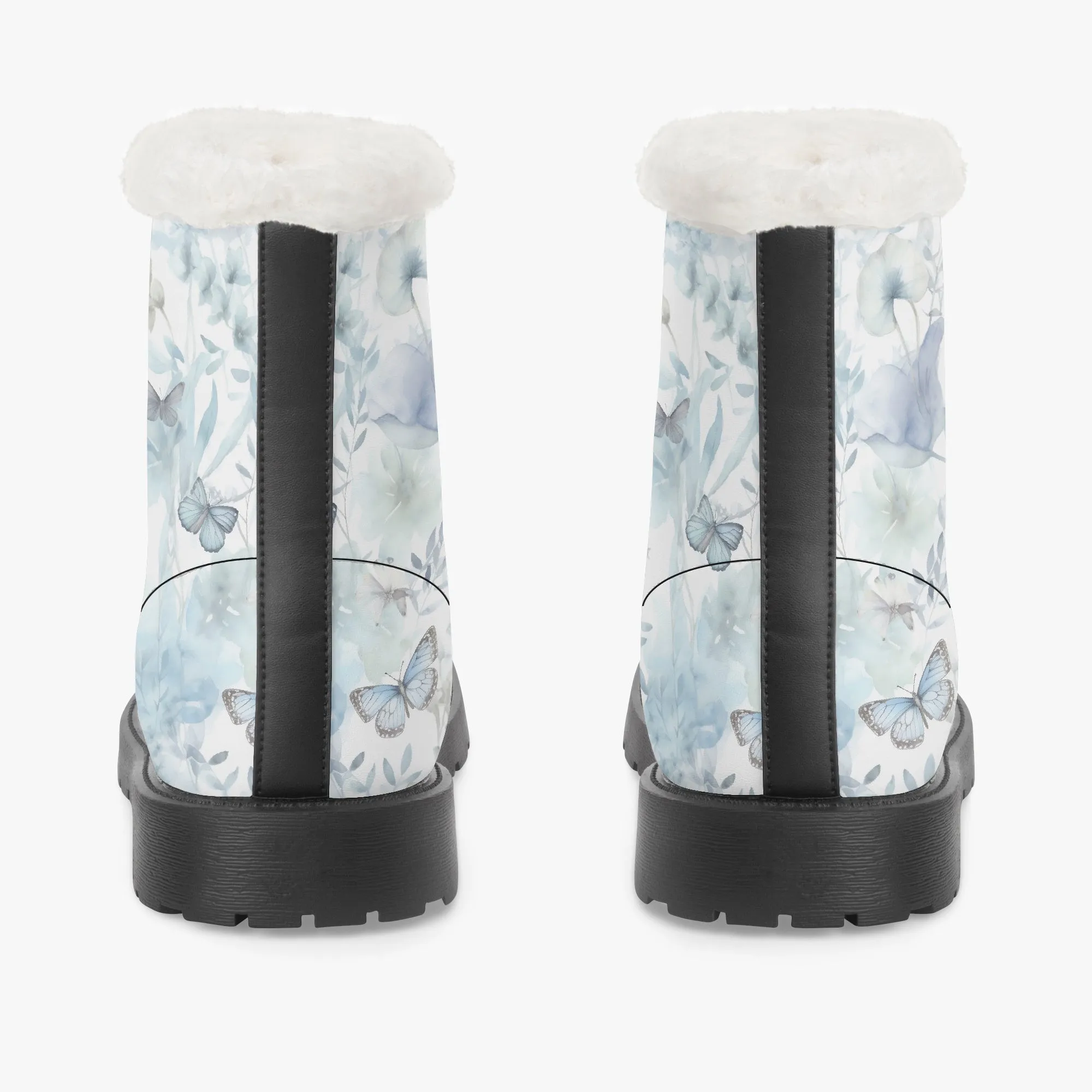 Faux Fur Leather Boots Wildflowers and Butterflies Blue