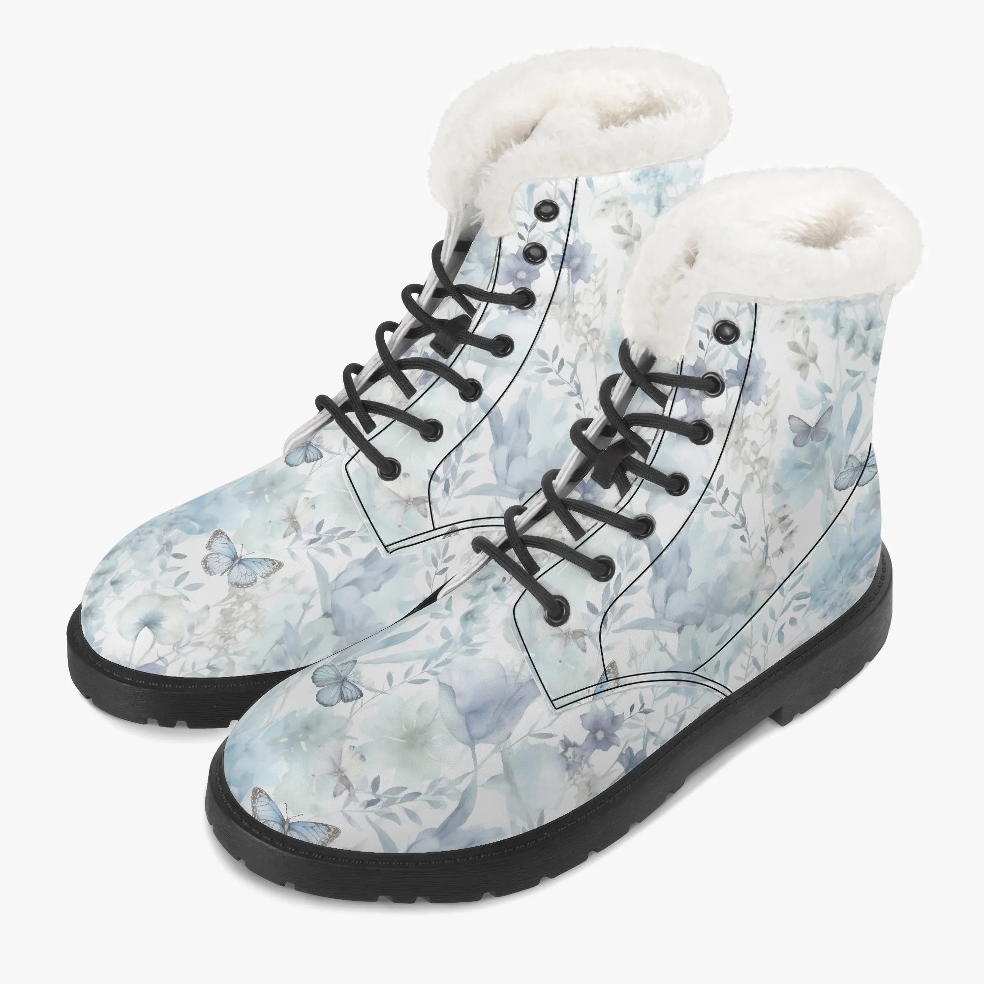 Faux Fur Leather Boots Wildflowers and Butterflies Blue