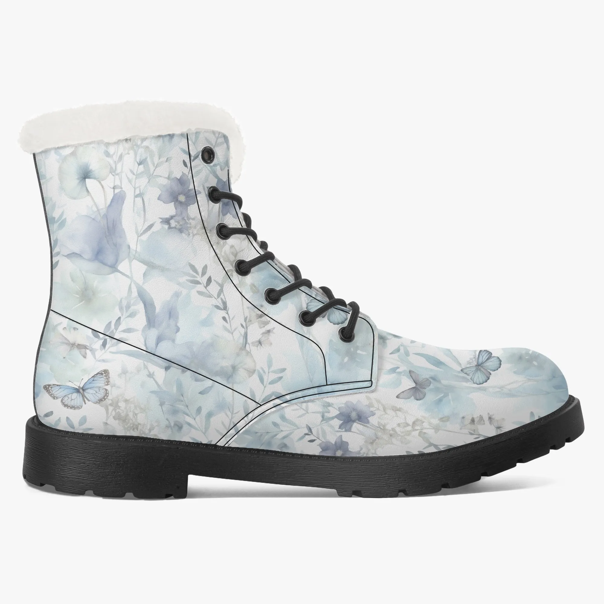 Faux Fur Leather Boots Wildflowers and Butterflies Blue