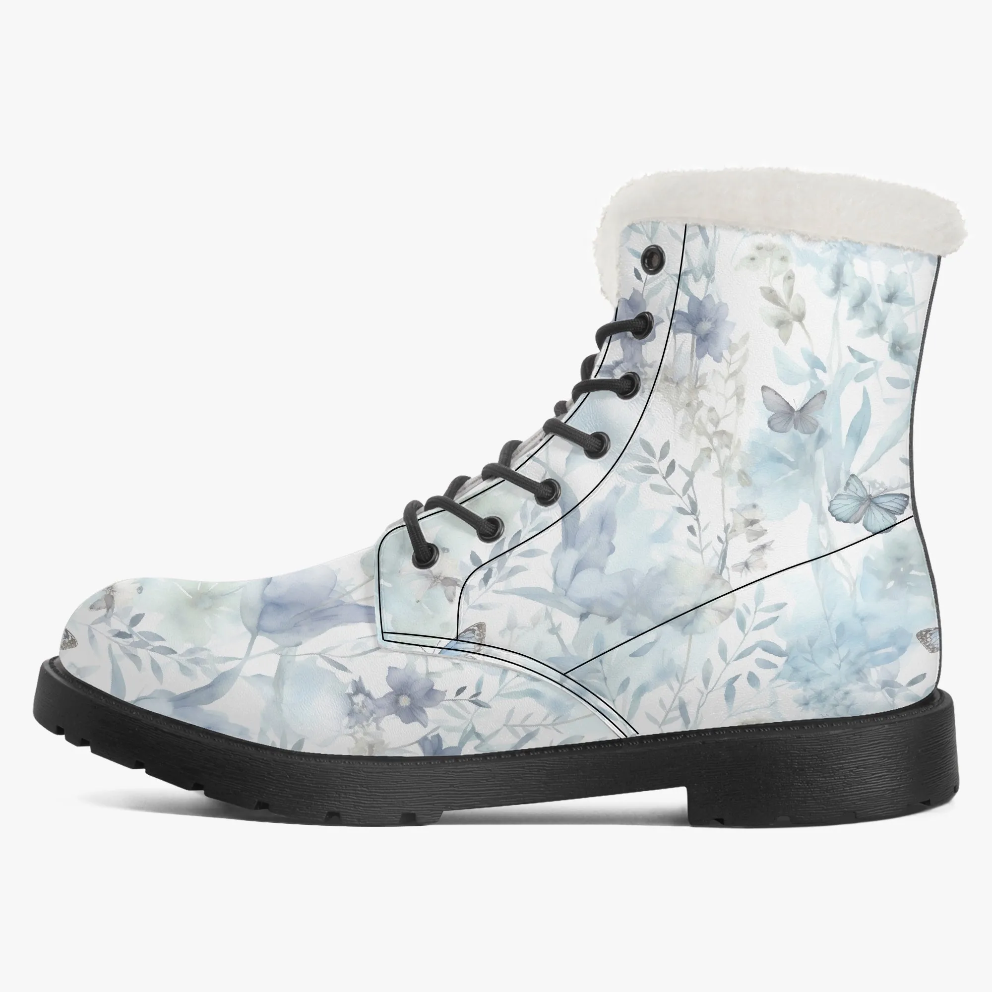 Faux Fur Leather Boots Wildflowers and Butterflies Blue
