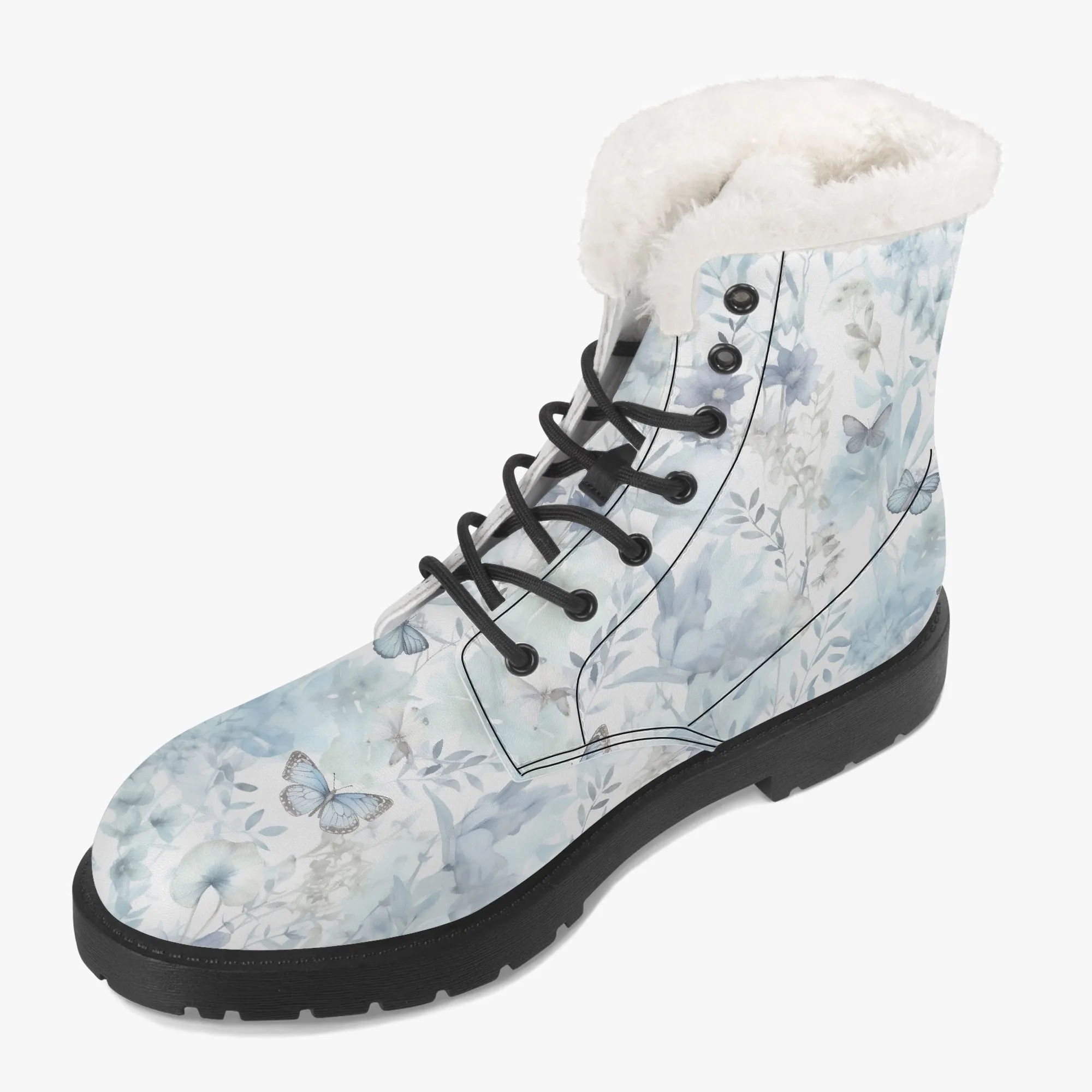 Faux Fur Leather Boots Wildflowers and Butterflies Blue