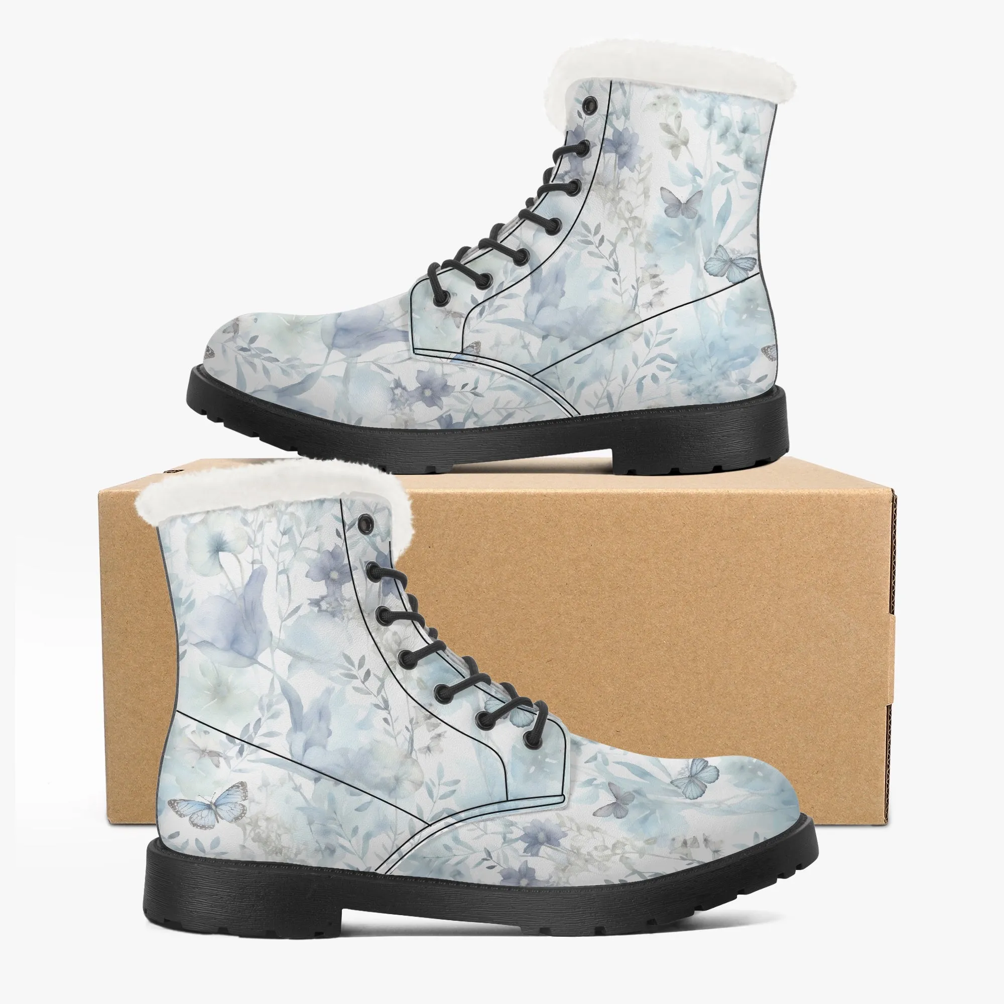 Faux Fur Leather Boots Wildflowers and Butterflies Blue