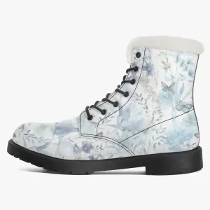 Faux Fur Leather Boots Wildflowers and Butterflies Blue