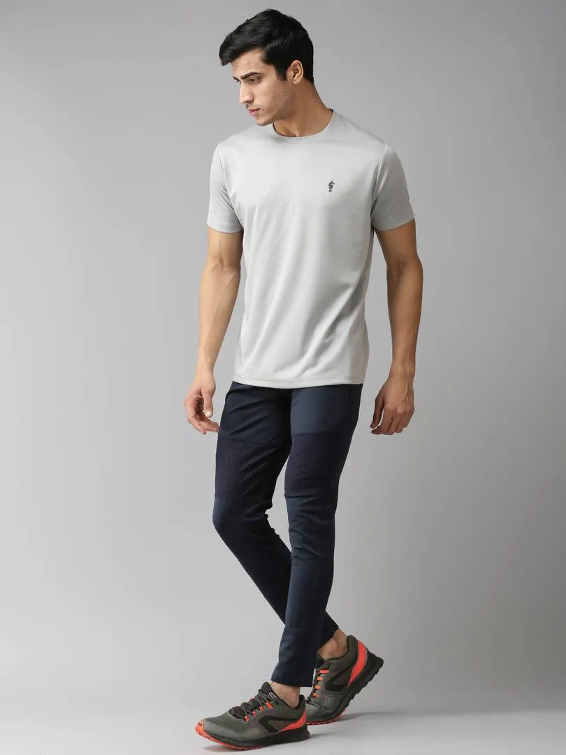 Grey Solid Polyester Round Neck Tees