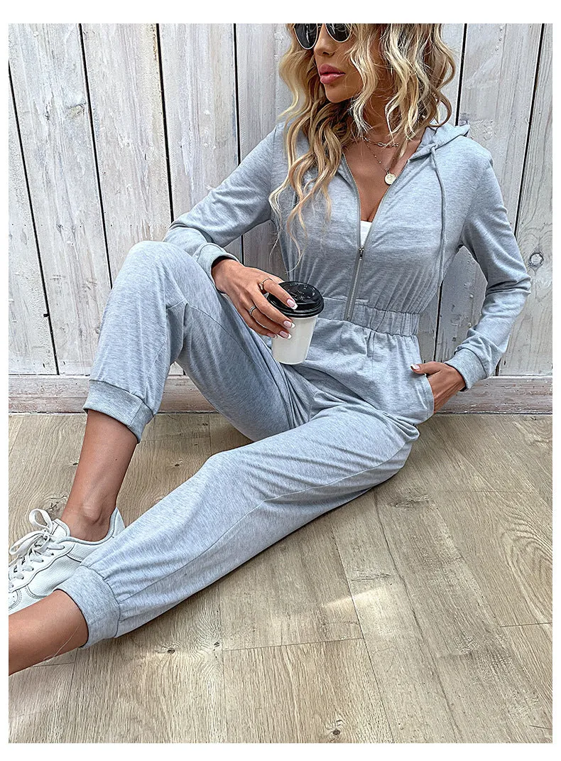 Hooded Long Sleeved Zipper Casual Sports Jumpsuit