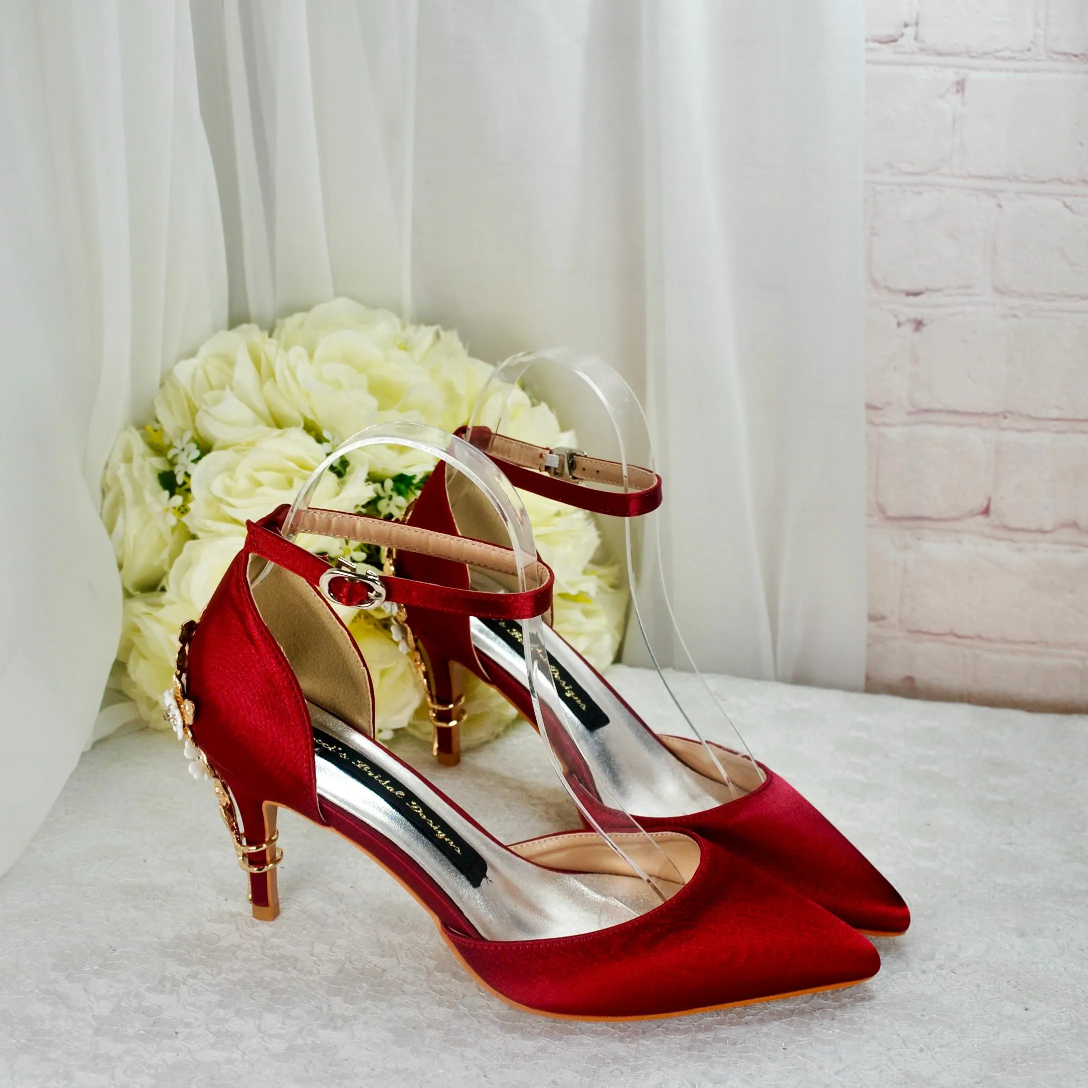 Ivory Satin Low Heel Bridal Sandals with Cherry Blossom