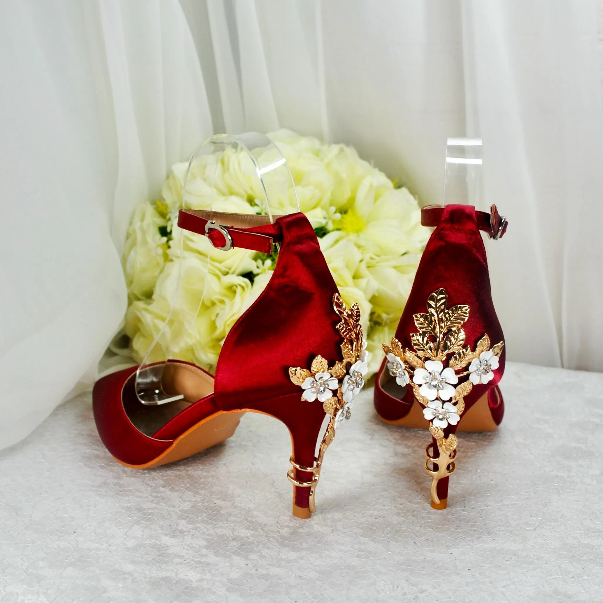 Ivory Satin Low Heel Bridal Sandals with Cherry Blossom