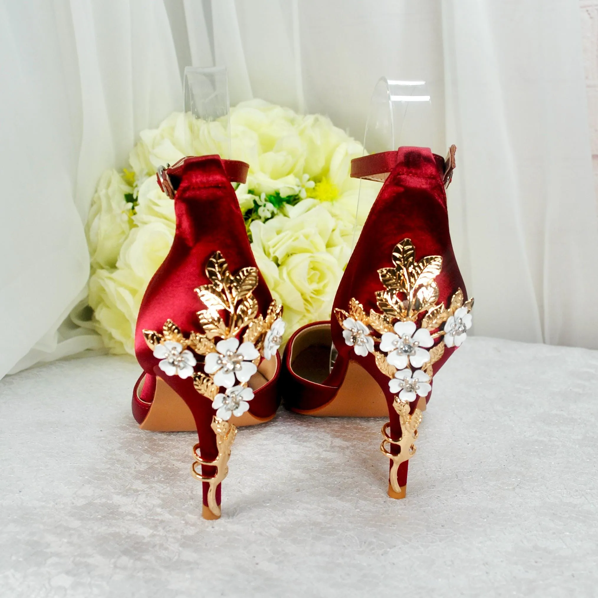 Ivory Satin Low Heel Bridal Sandals with Cherry Blossom
