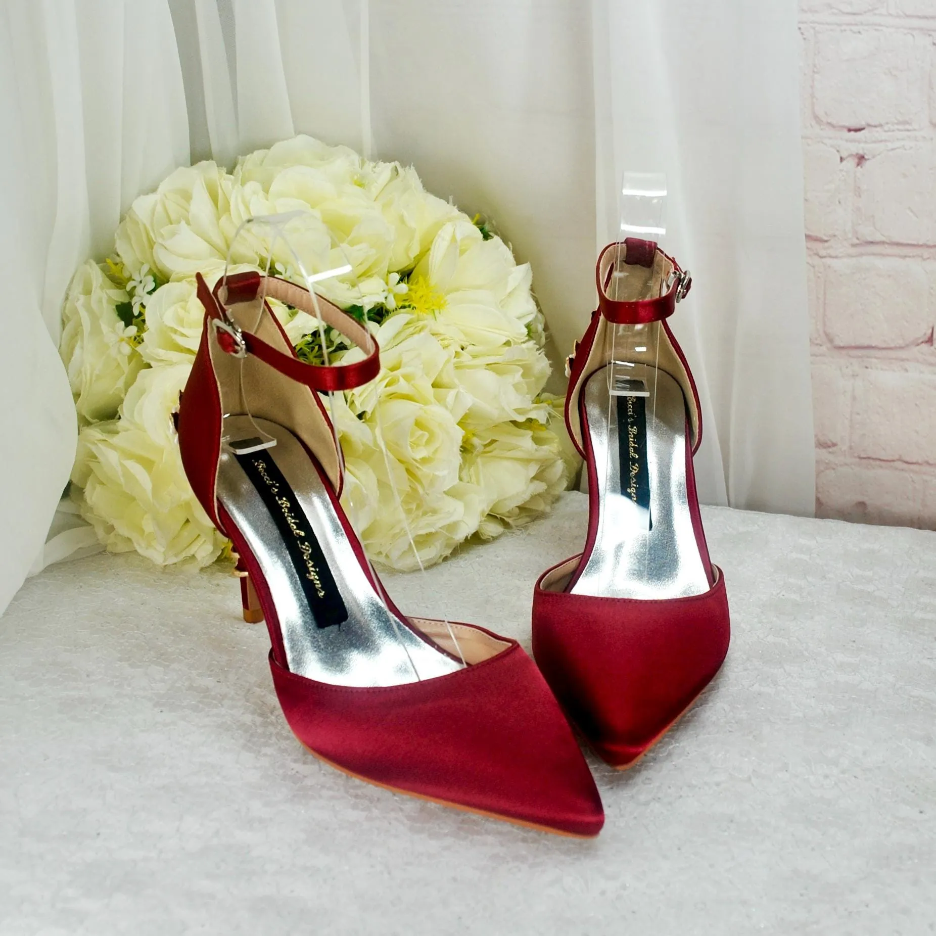 Ivory Satin Low Heel Bridal Sandals with Cherry Blossom