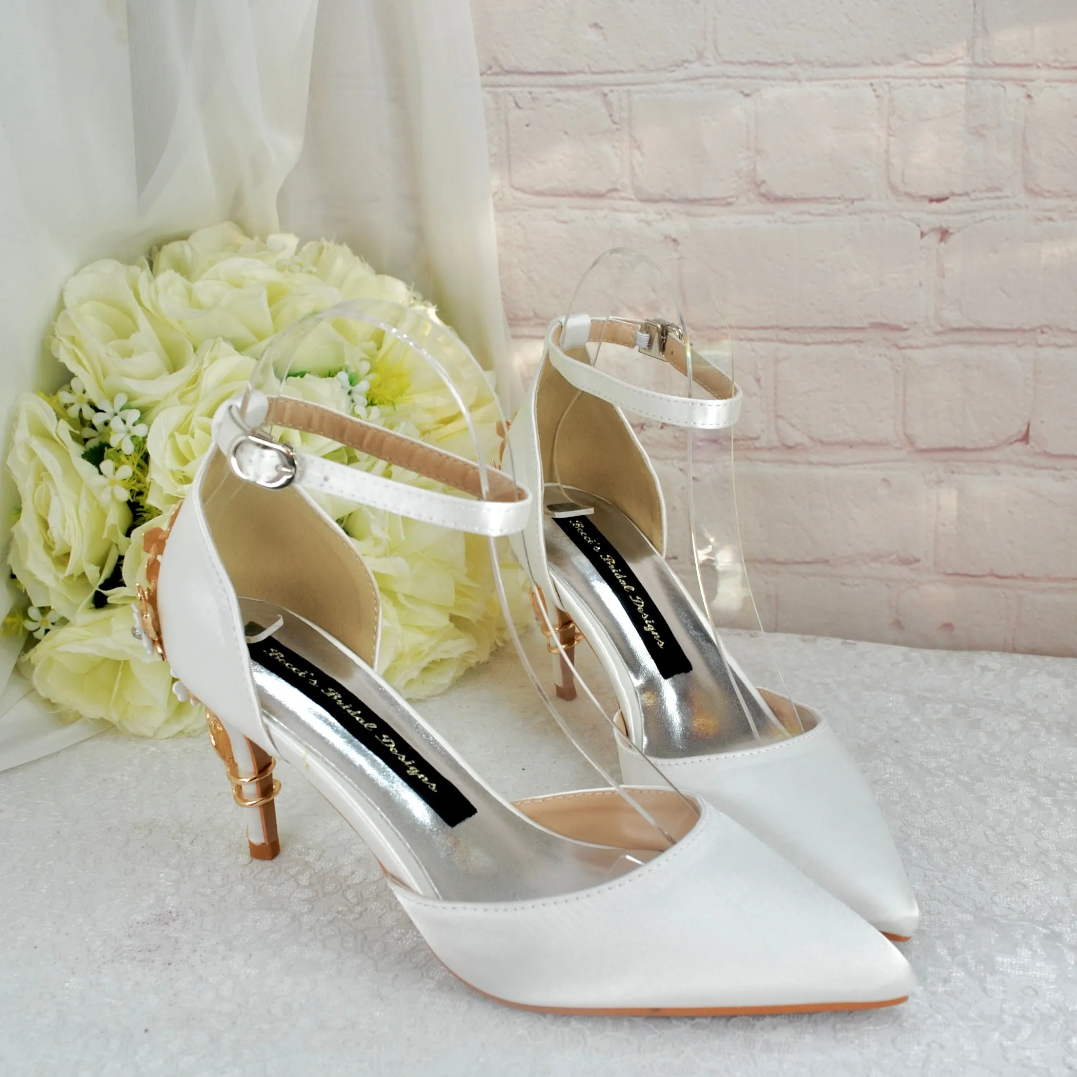 Ivory Satin Low Heel Bridal Sandals with Cherry Blossom