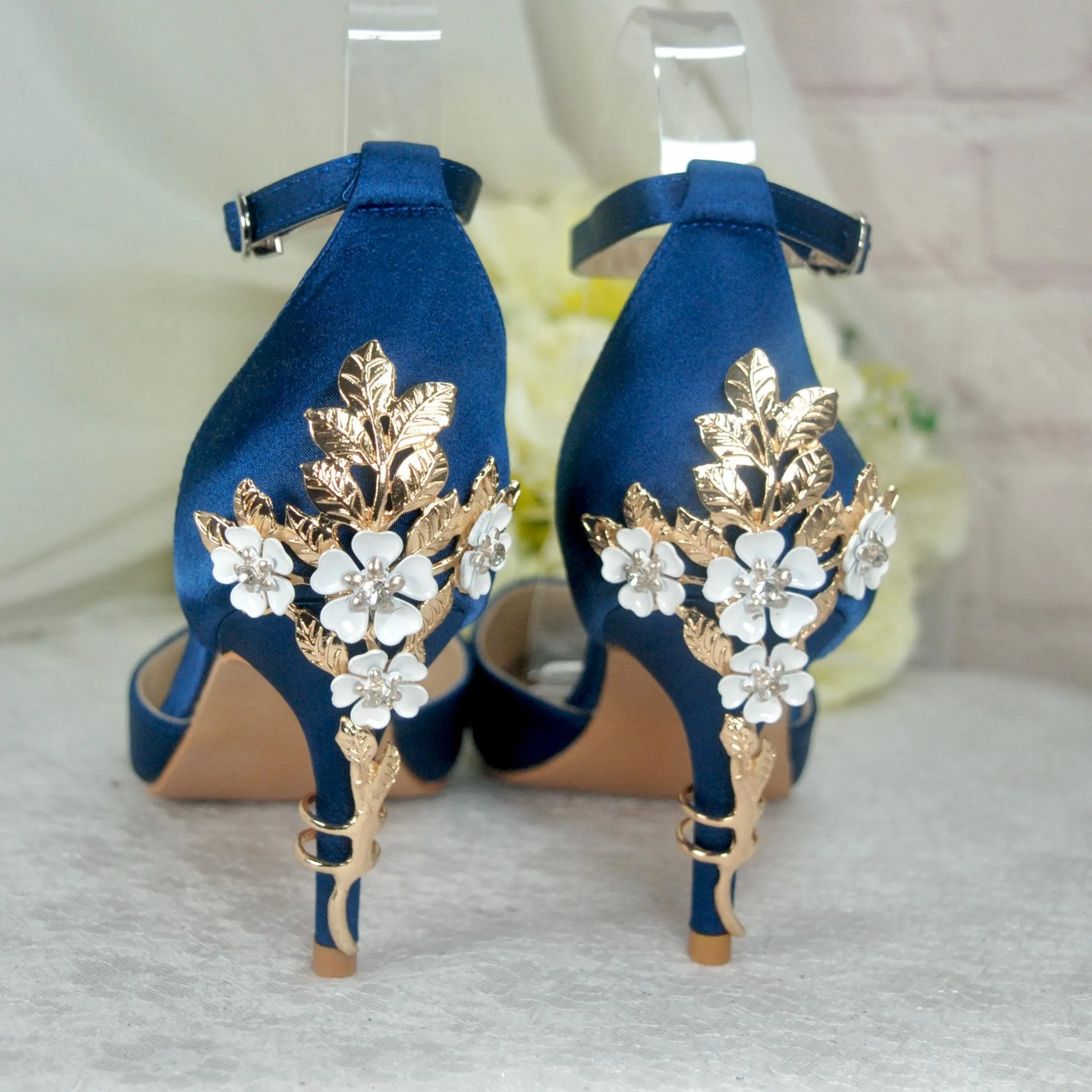 Ivory Satin Low Heel Bridal Sandals with Cherry Blossom