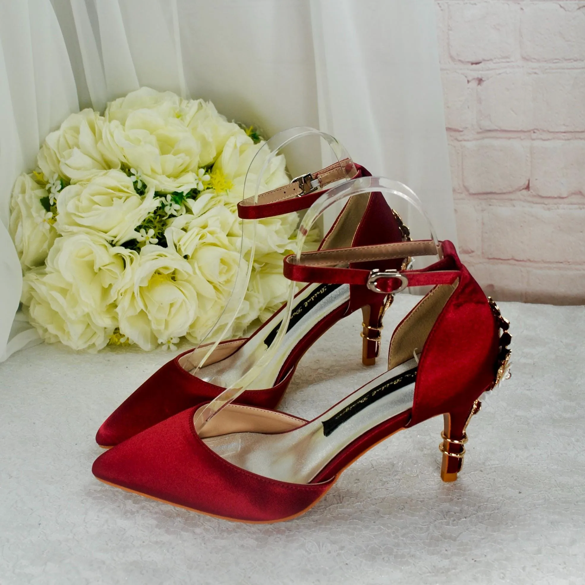 Ivory Satin Low Heel Bridal Sandals with Cherry Blossom