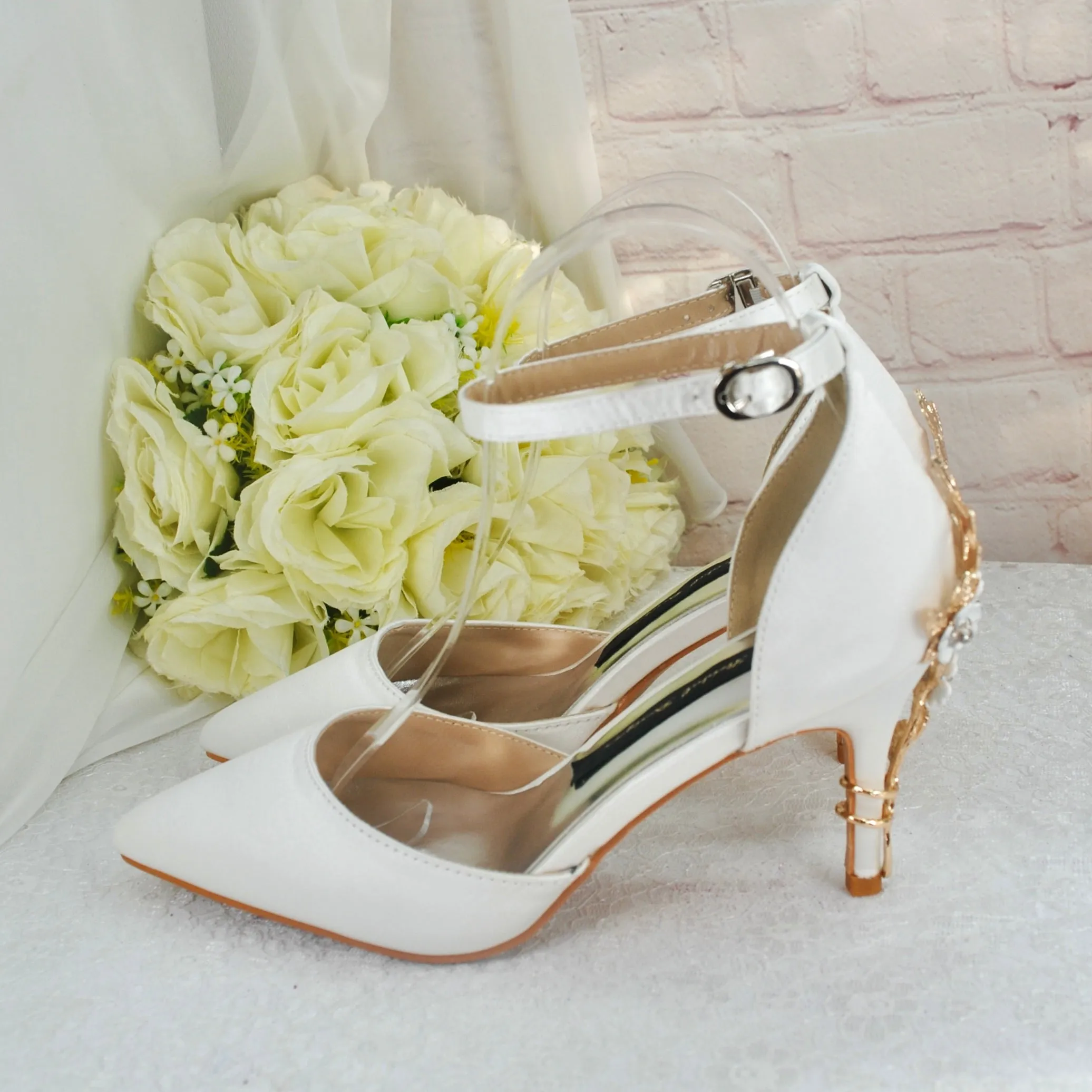 Ivory Satin Low Heel Bridal Sandals with Cherry Blossom