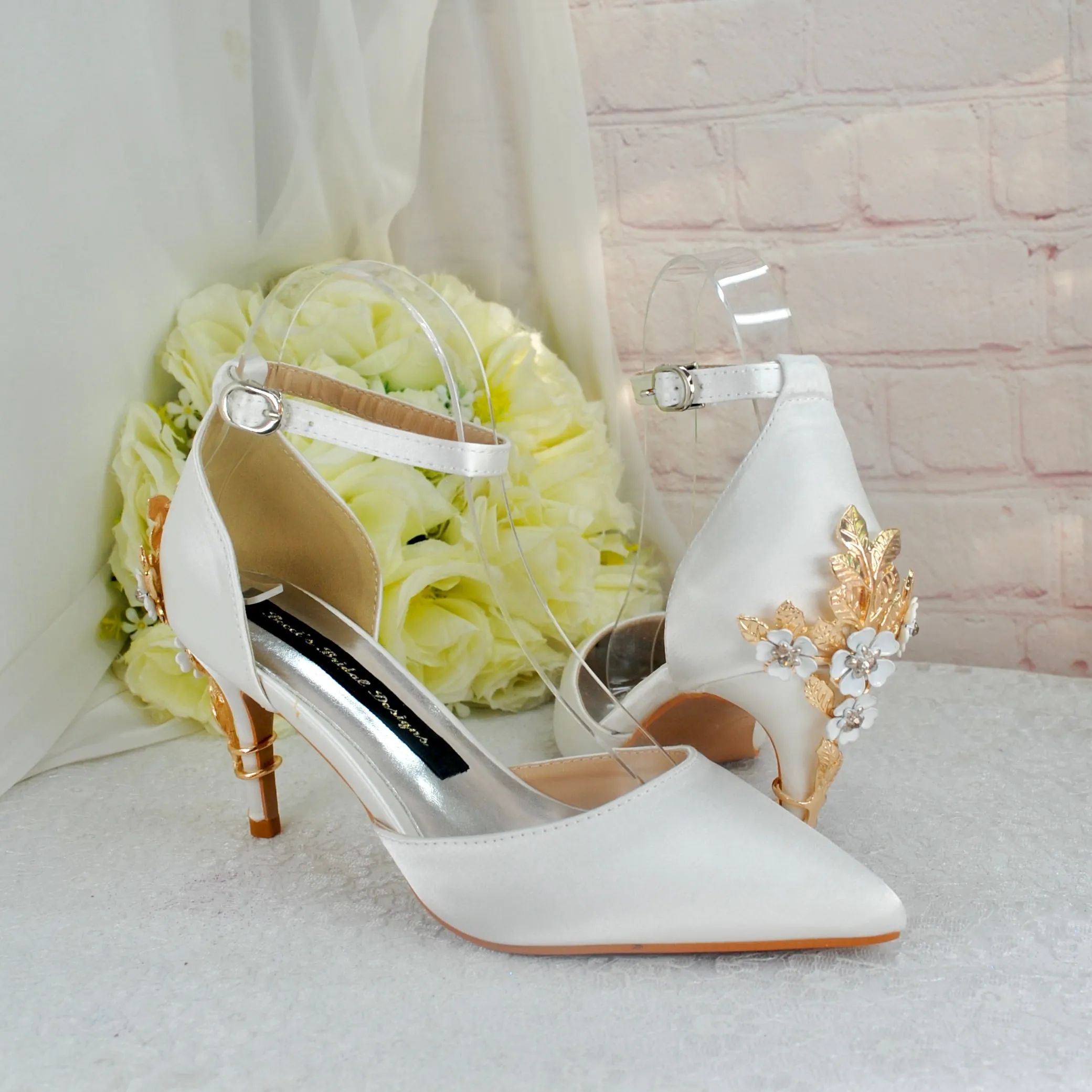 Ivory Satin Low Heel Bridal Sandals with Cherry Blossom