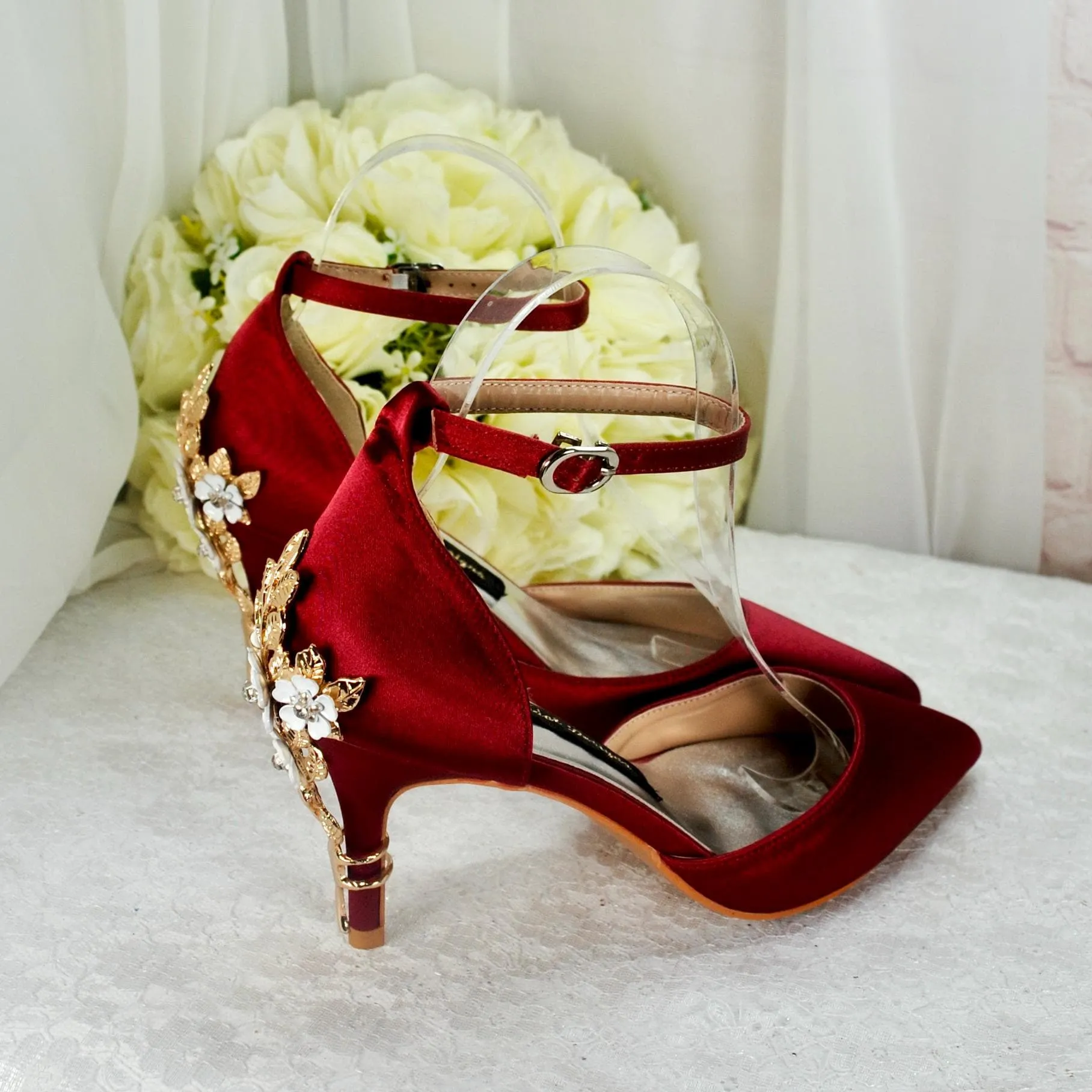 Ivory Satin Low Heel Bridal Sandals with Cherry Blossom