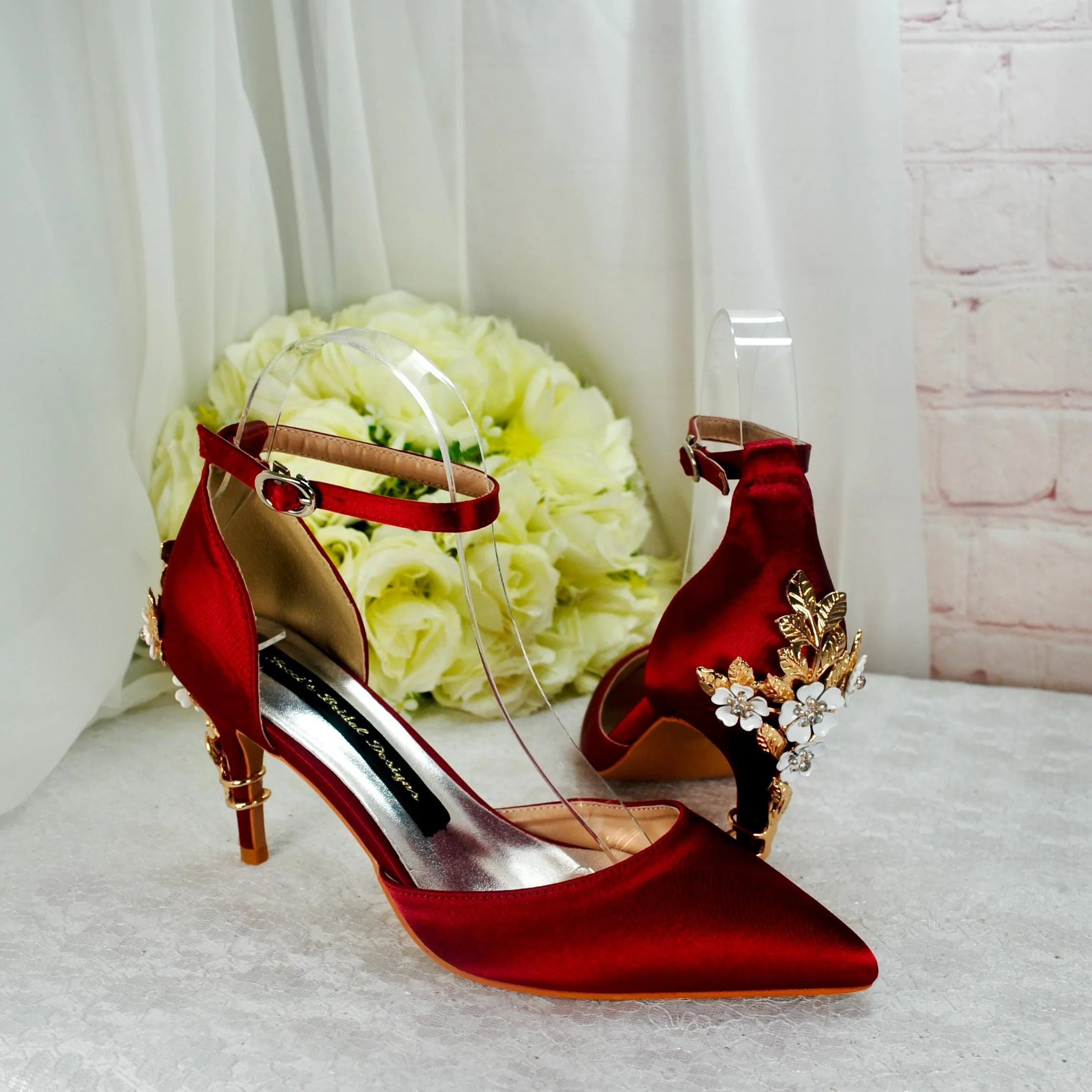 Ivory Satin Low Heel Bridal Sandals with Cherry Blossom
