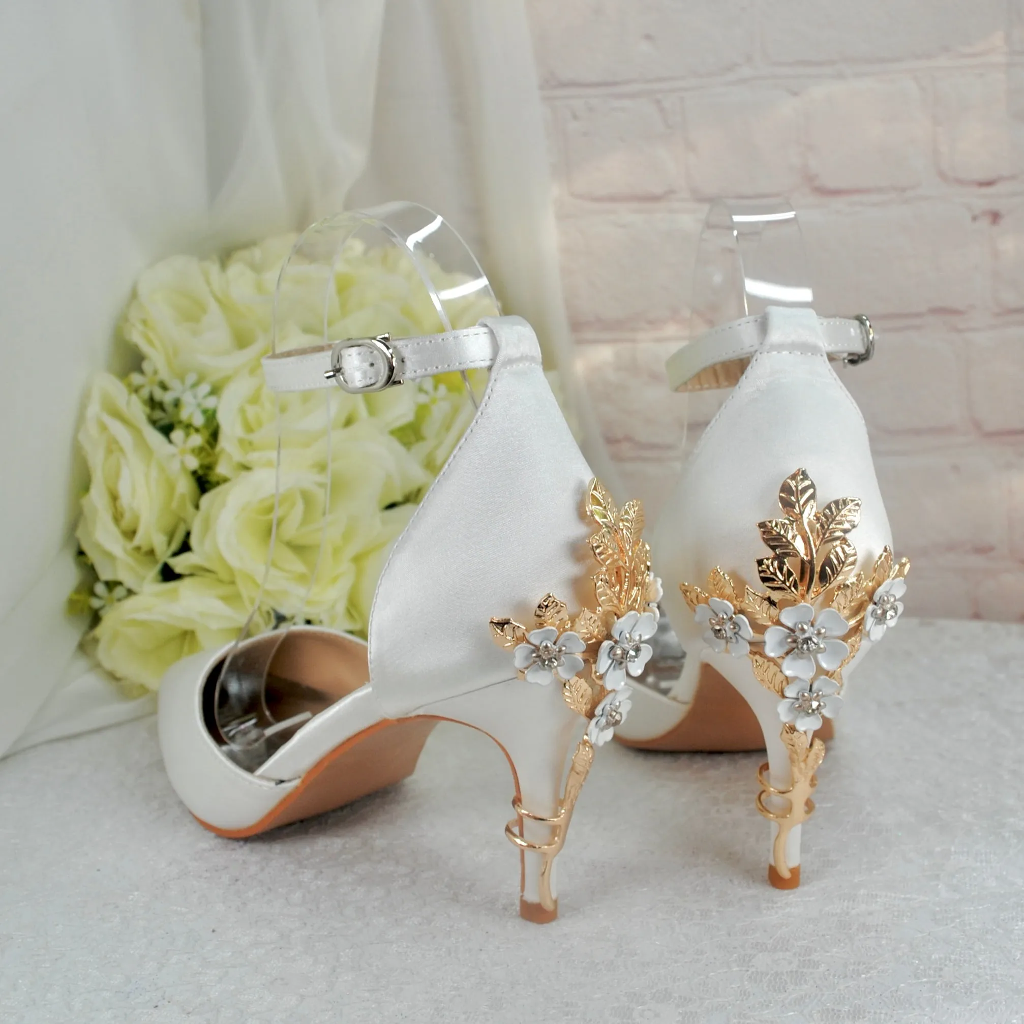 Ivory Satin Low Heel Bridal Sandals with Cherry Blossom