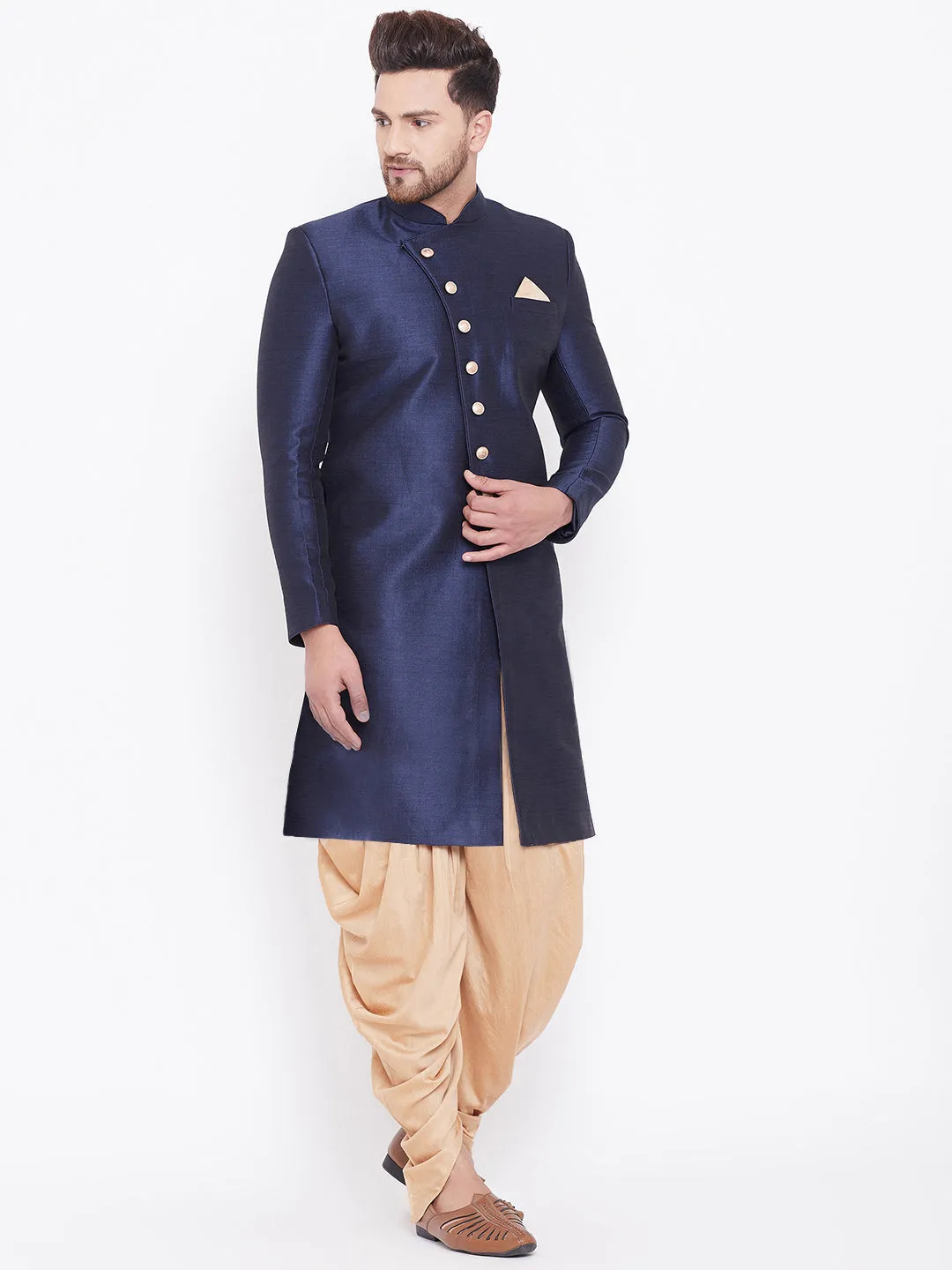 Jashvi Men's Navy Blue And Rose Gold Silk Blend Sherwani Set