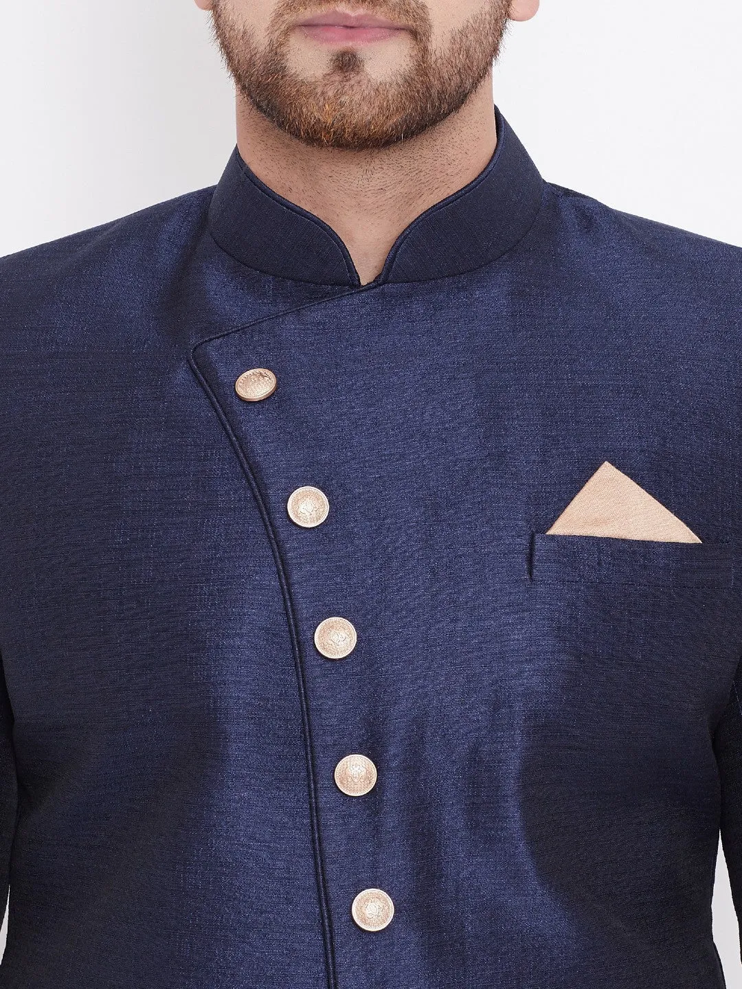 Jashvi Men's Navy Blue And Rose Gold Silk Blend Sherwani Set