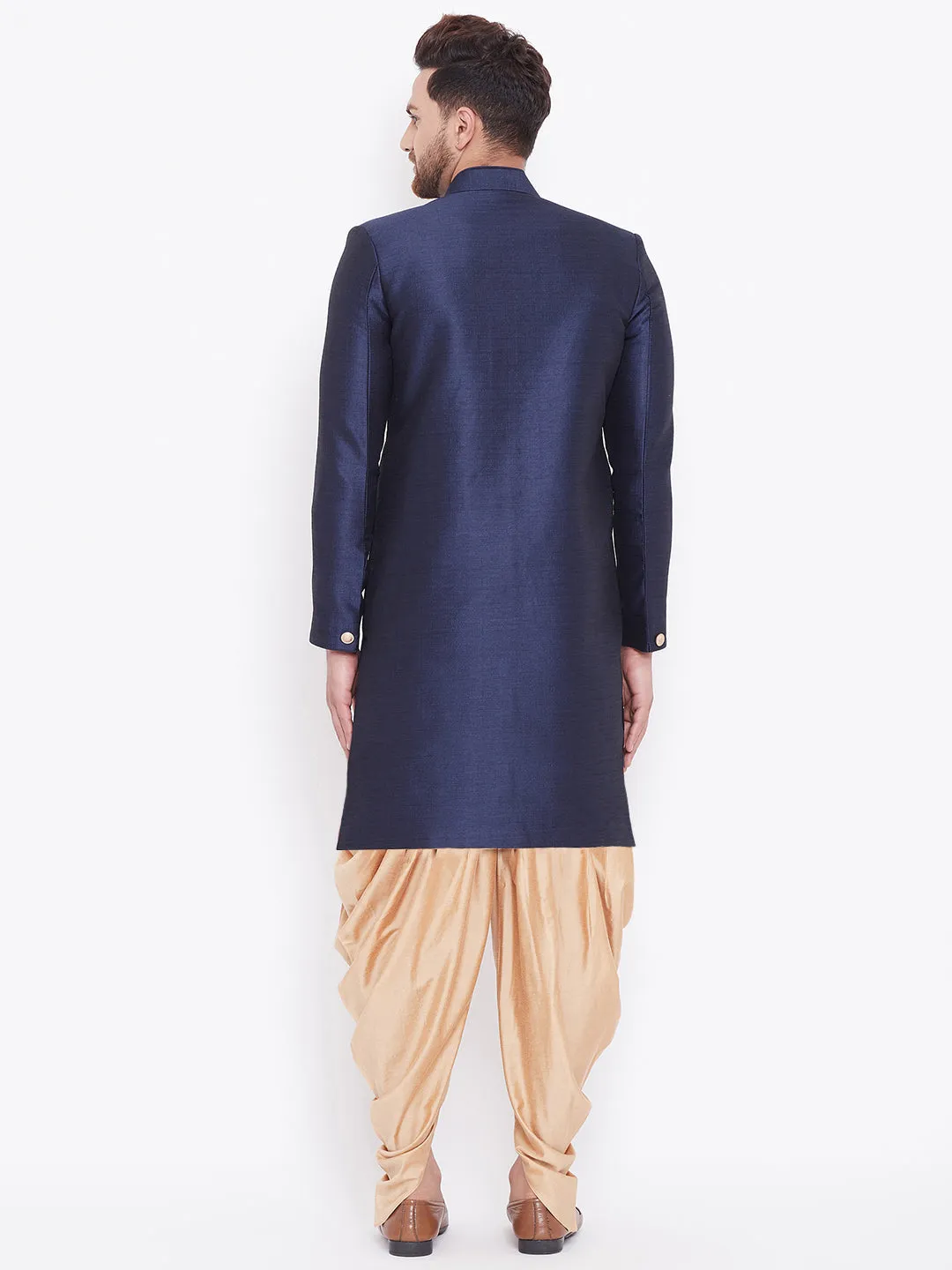 Jashvi Men's Navy Blue And Rose Gold Silk Blend Sherwani Set