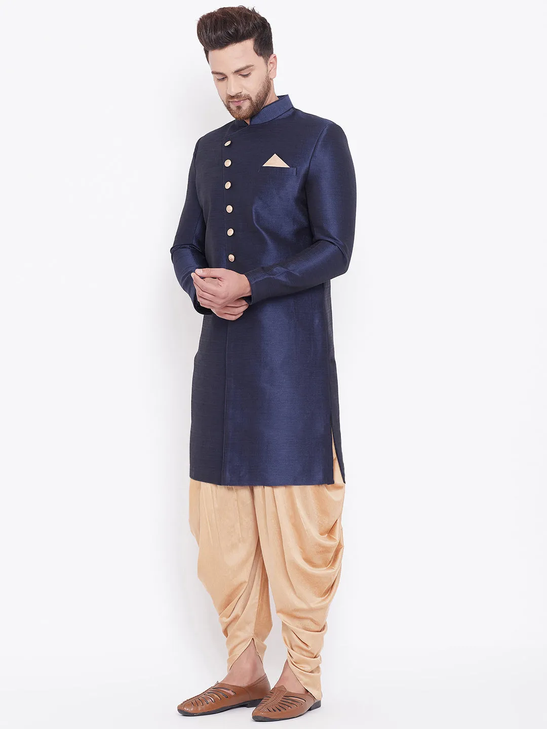 Jashvi Men's Navy Blue And Rose Gold Silk Blend Sherwani Set
