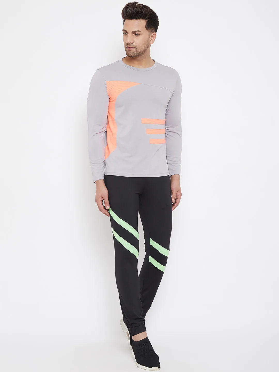 JUMP USA Men Grey & Peach Striped Active Wear T-shirt
