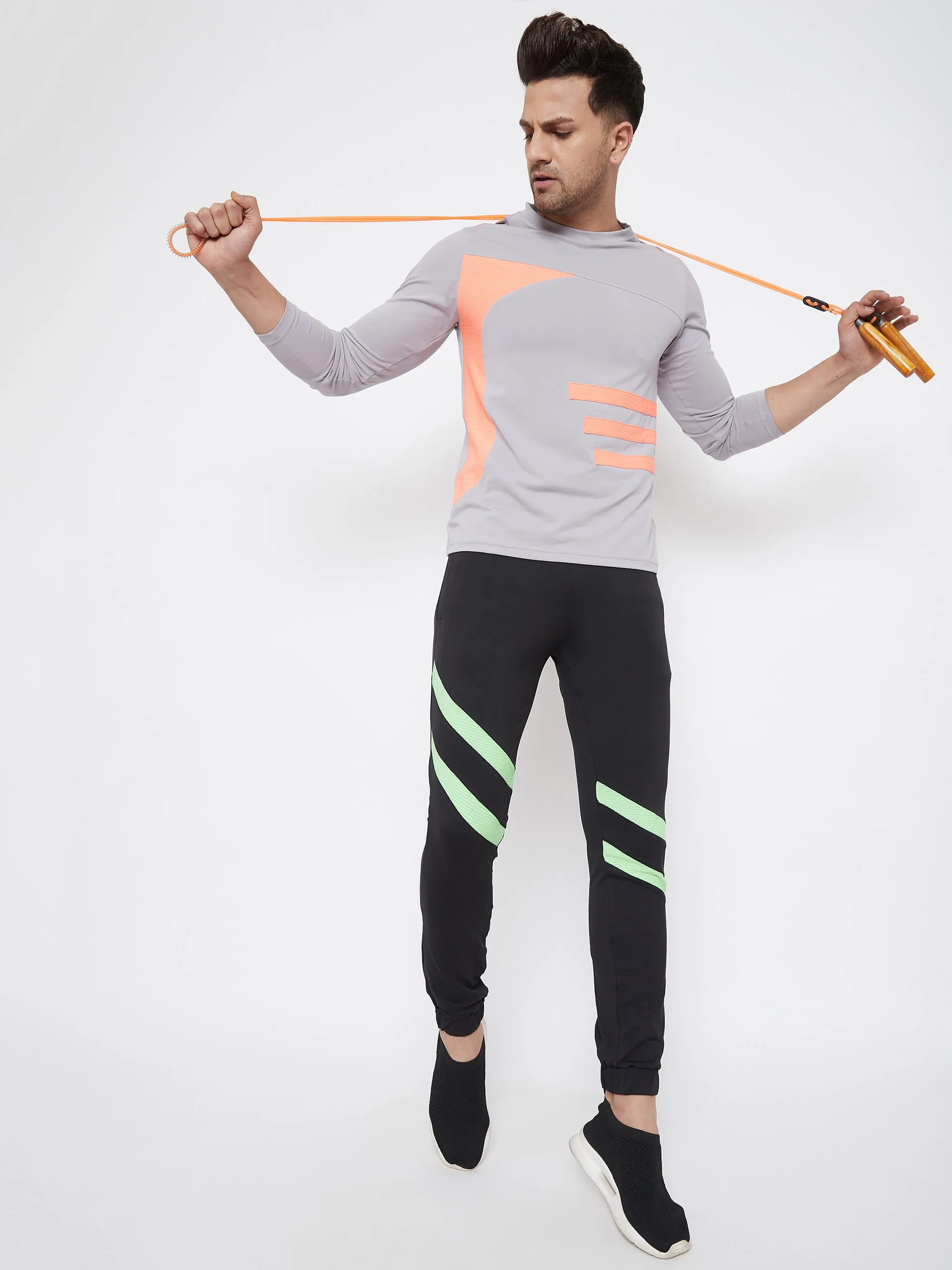 JUMP USA Men Grey & Peach Striped Active Wear T-shirt