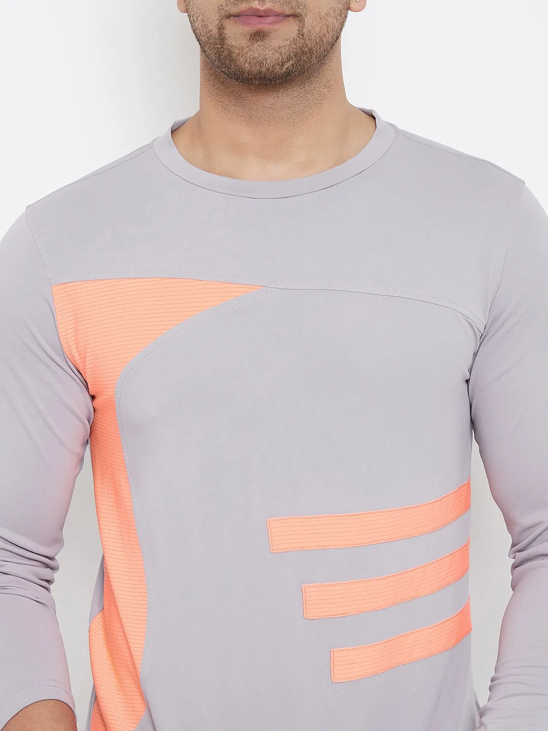 JUMP USA Men Grey & Peach Striped Active Wear T-shirt