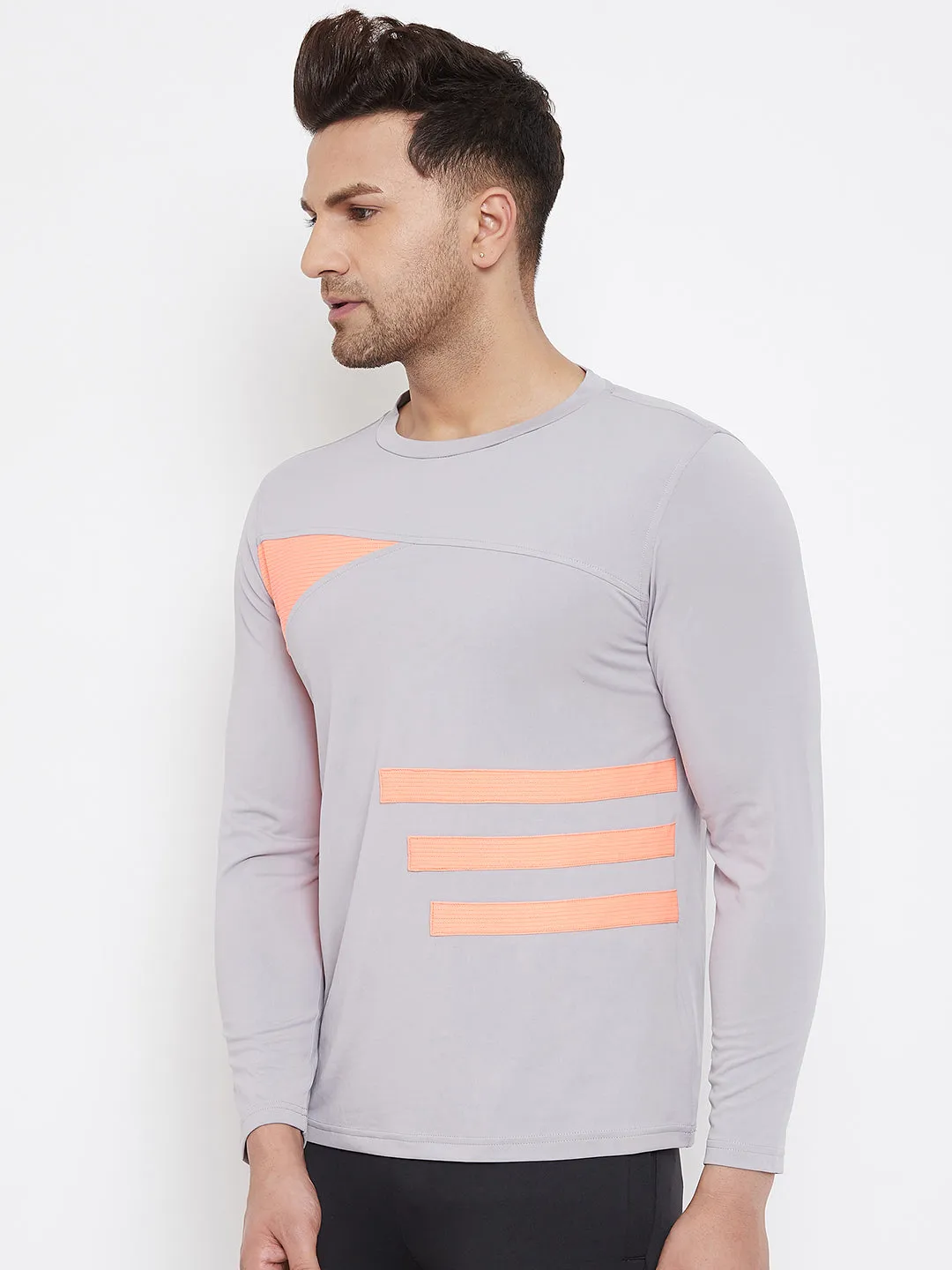 JUMP USA Men Grey & Peach Striped Active Wear T-shirt
