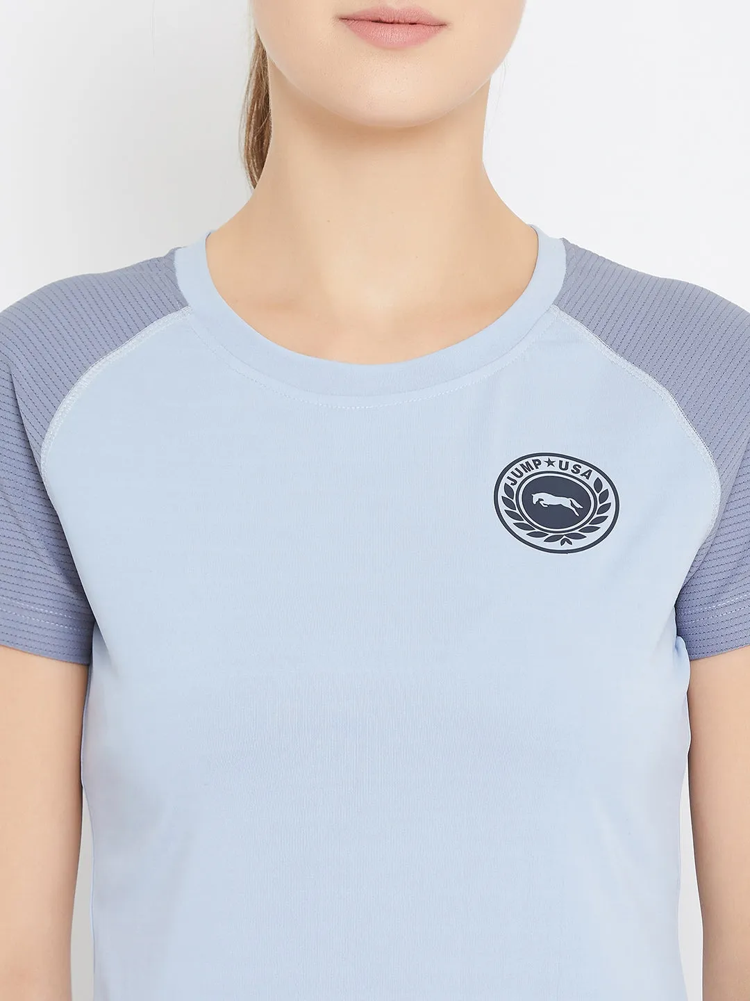 JUMP USA Women Blue Active Wear Round Neck T-shirt