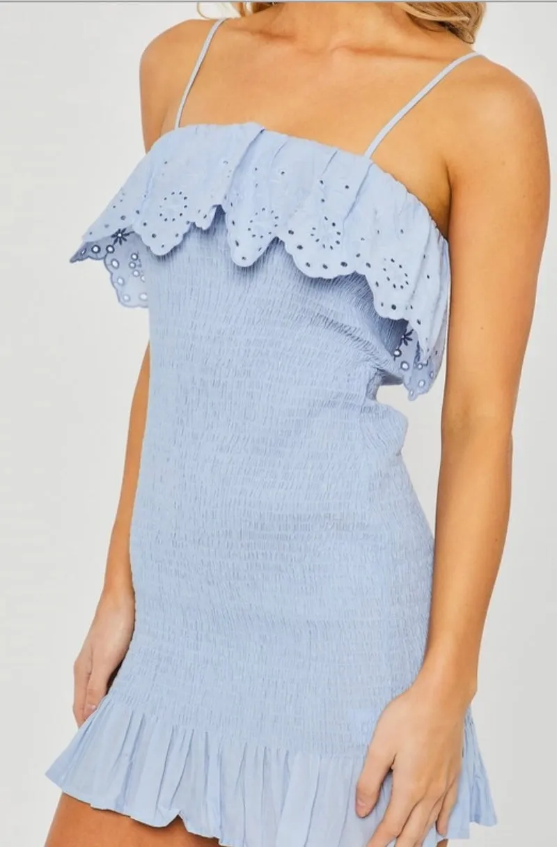 Mini Sky Blue Smocked Ruffle Dress
