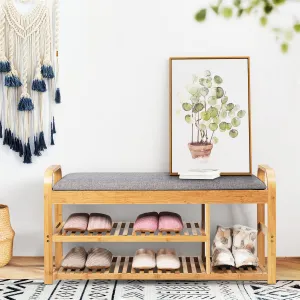 NNECW 3-Tier Bamboo Shoe Bench with Cushion for Hallway