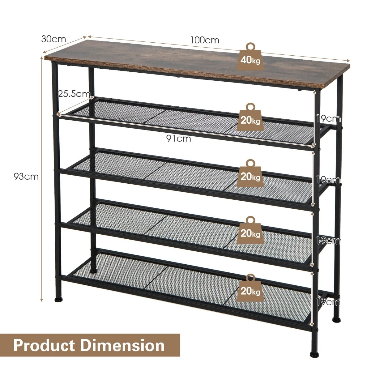 NNECW 5-Tier Shoe Rack with Wooden Top and Adjustable Feet for Living Room