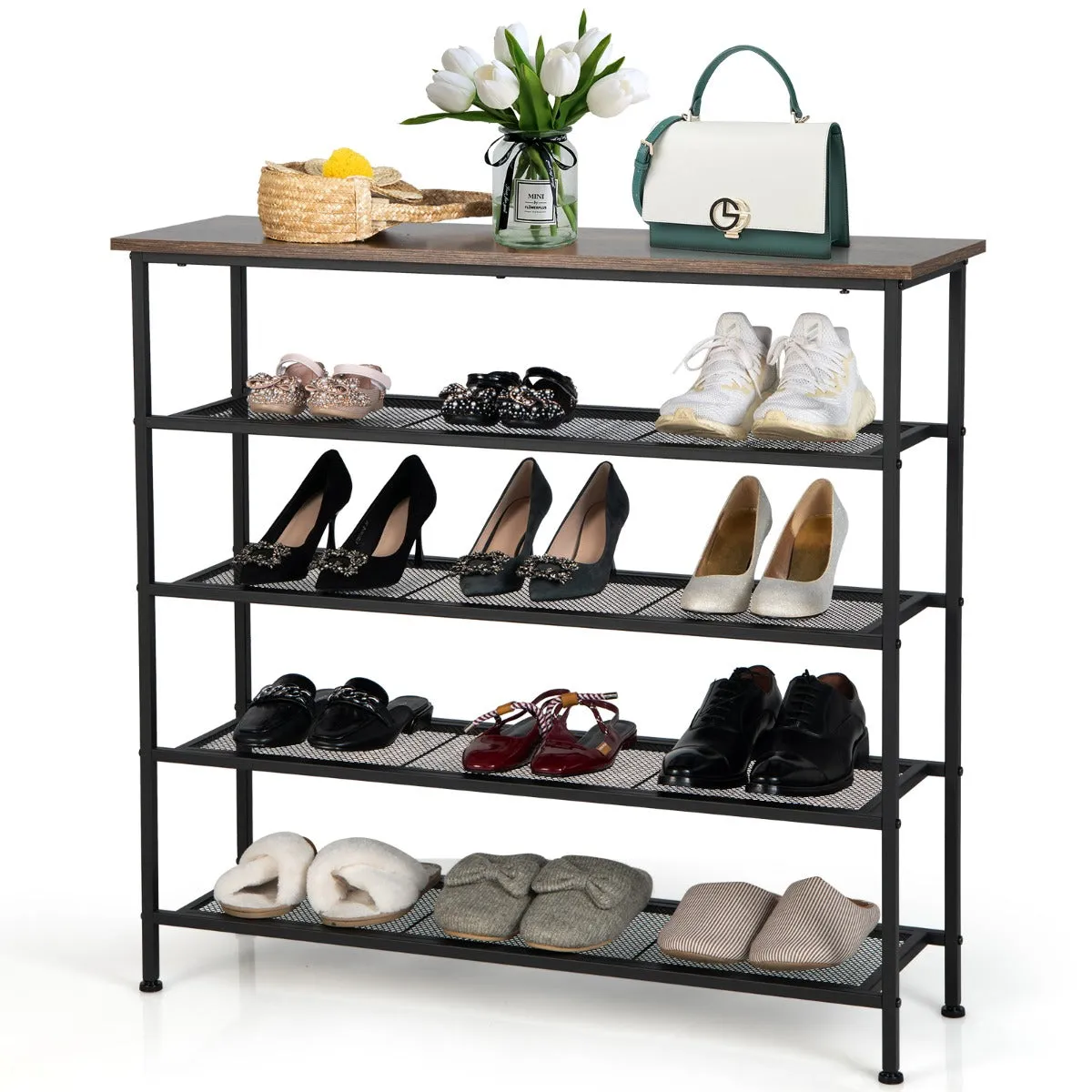 NNECW 5-Tier Shoe Rack with Wooden Top and Adjustable Feet for Living Room