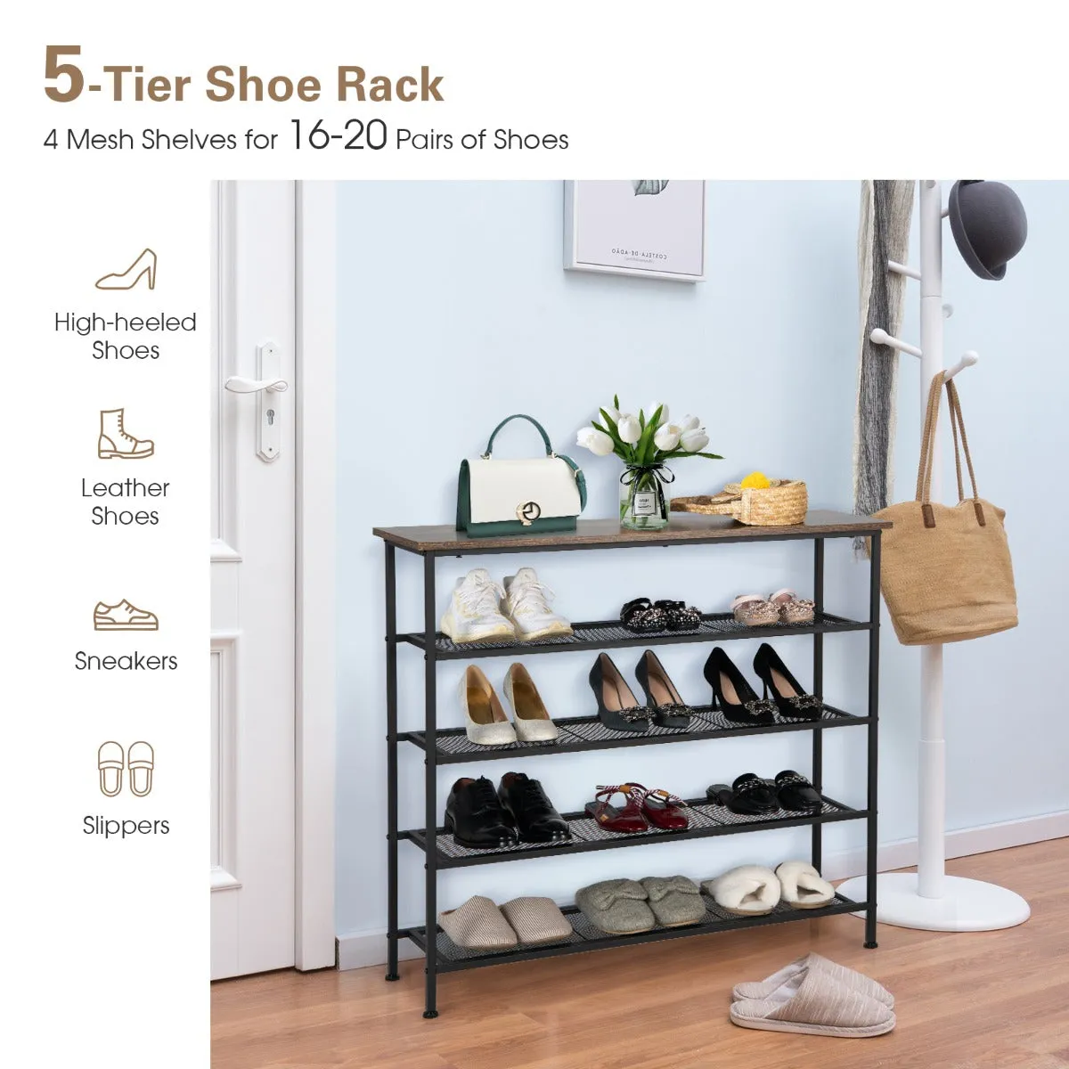 NNECW 5-Tier Shoe Rack with Wooden Top and Adjustable Feet for Living Room