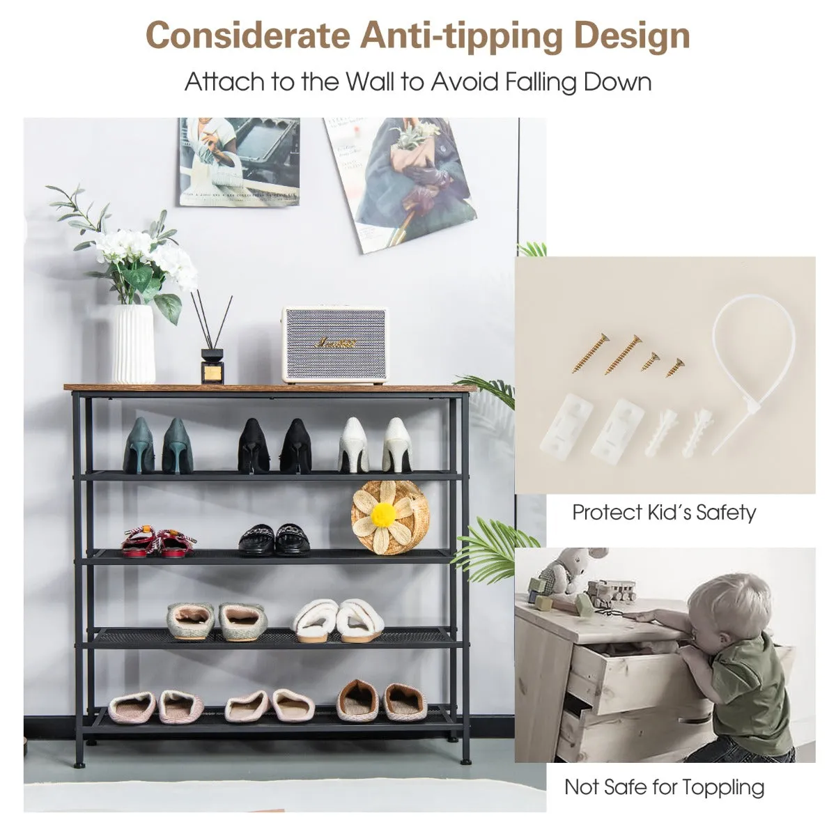 NNECW 5-Tier Shoe Rack with Wooden Top and Adjustable Feet for Living Room
